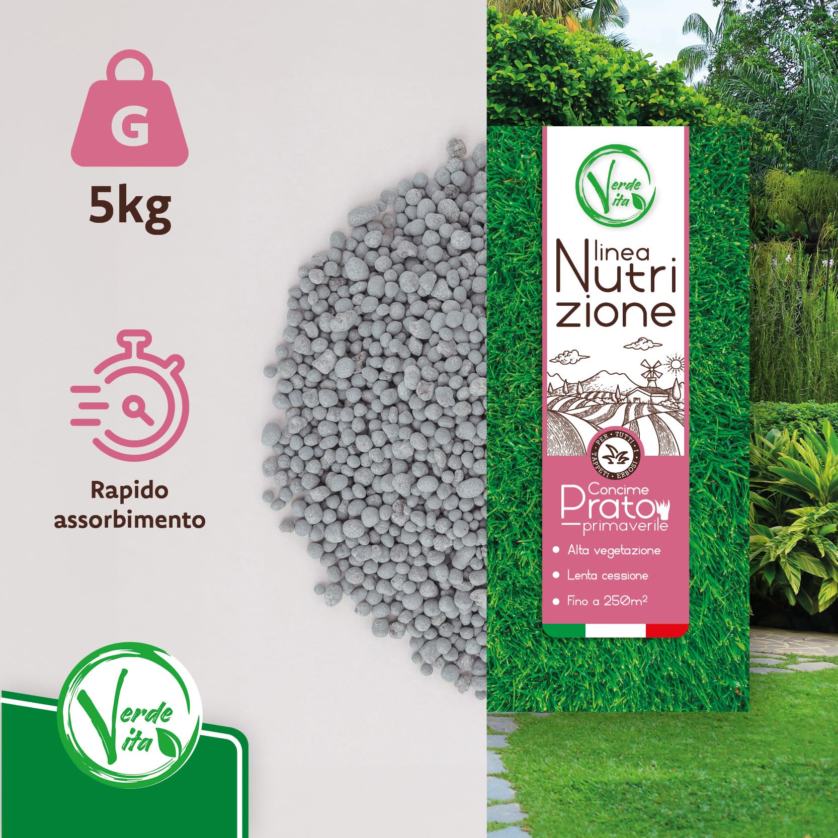 VerdeVita Concime Prato Primavera, Fertilizzante Antimuschio e per Nutrizione, Colore Verde Intenso, Made in Italy, Compatibile con Robot Rasaerba (250m²)