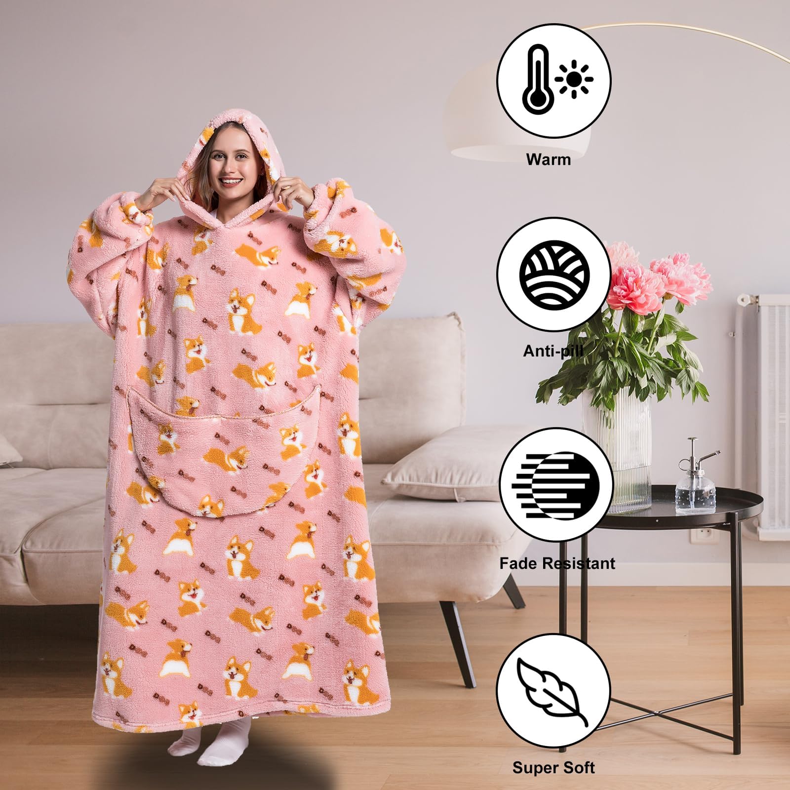 Damskie bluzy z kapturem, długi koc z kapturem, koc z rękawami, bluza z kapturem, oversize, koc z rękawami, sweter bożonarodzeniowy, ciepły koc do zakładania, Eisbär, jeden rozmiar