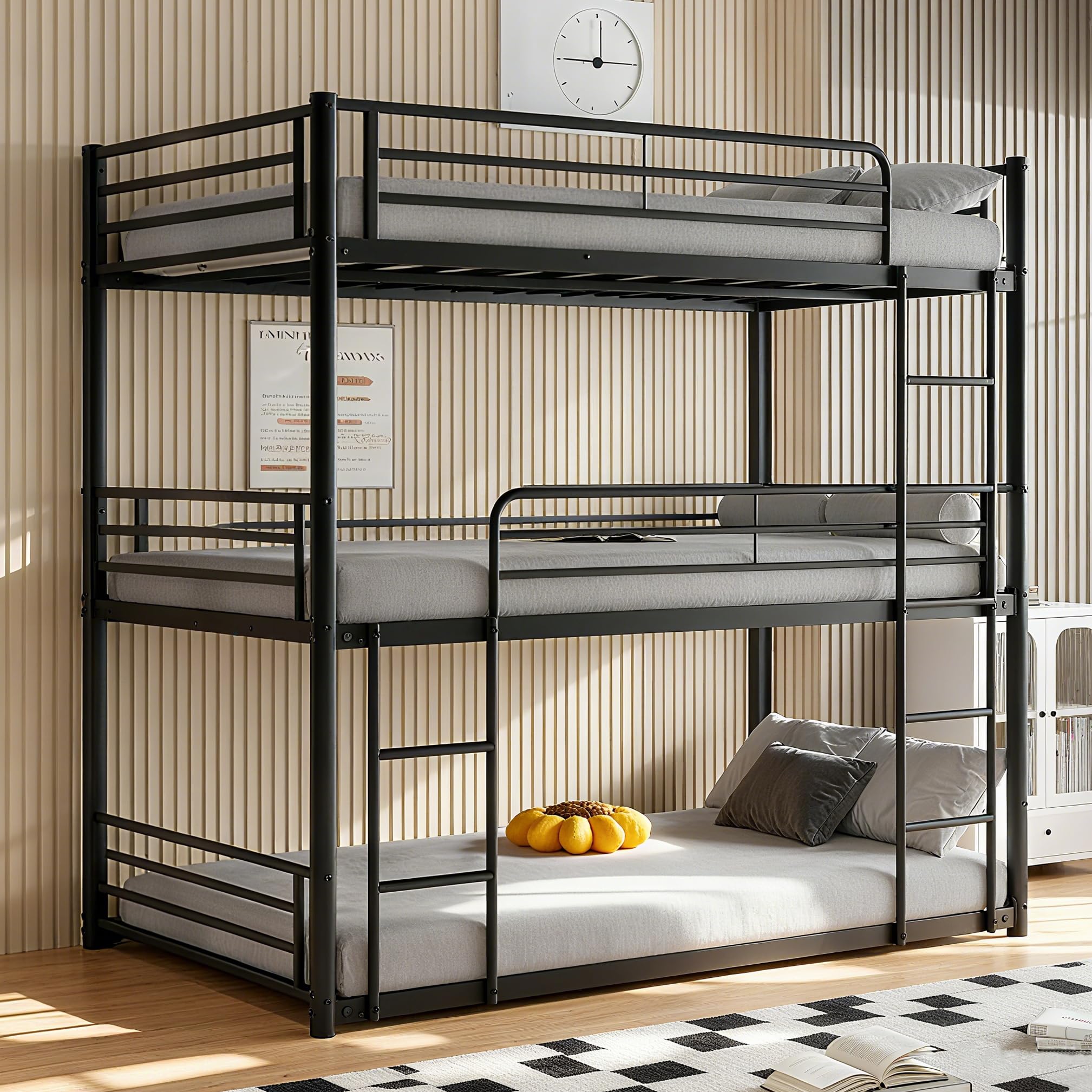 Triple Bunk Beds, 3 Bunk Bed Twin Over Twin Over Twin with 2 Ladders, Metal Frame with Guardrails,Heavy Duty Triple Bed Frame for Teenagers/Adults Bedroom, No Box Spring Needed