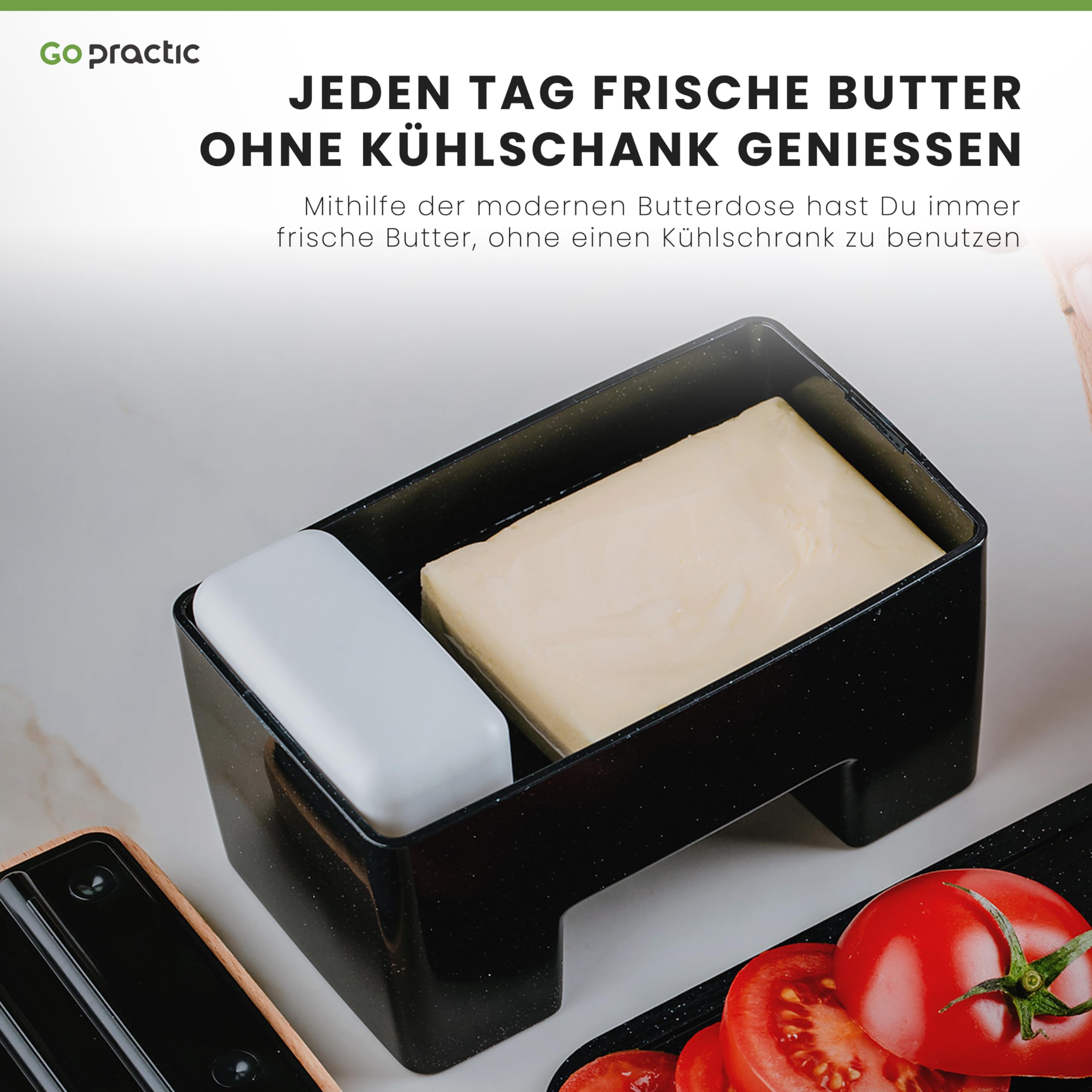Go Practic Intelligente Butterdose 16,5 x 10 cm Schwarz, Butterbox Mit Deckel Ohne Kühlschrank Wasserkühlung Aufbewahrungsbox Buchenholz Kunststoff
