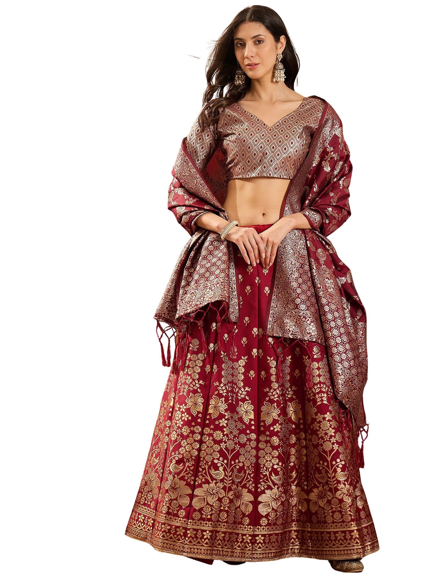 shadow & saining Women'S Maroon Colour Banarasi Jacquard Weaving Flaired Lehenga Choli-picture-2