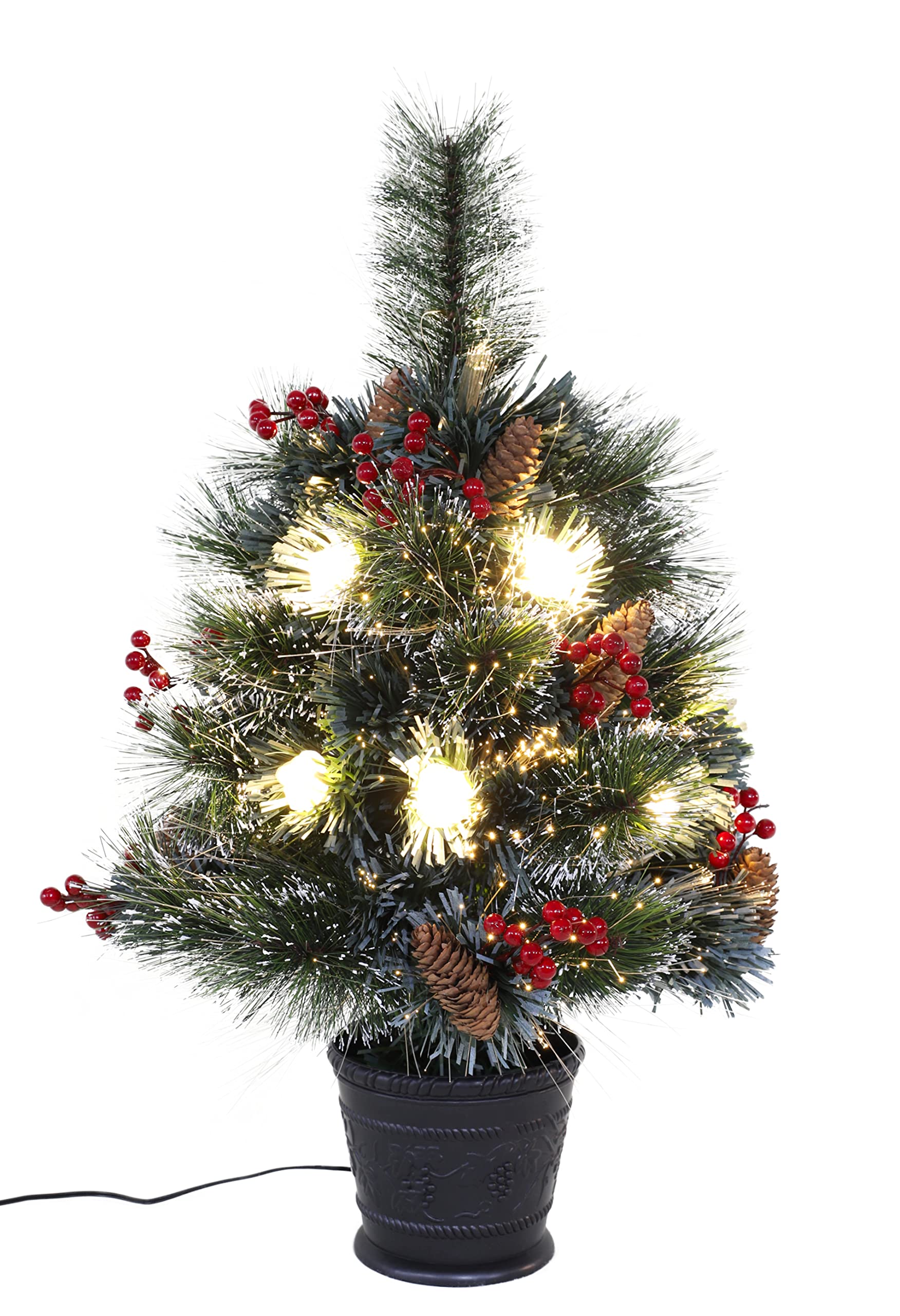 Christmas Concepts White,Green,Red,Rose Christmas Concepts® 60Cm (2Ft) Pre Lit Frosted Fibre Optic Christmas Tree With Warm White Led Rose Lights & Natural Cones & Red Berries
