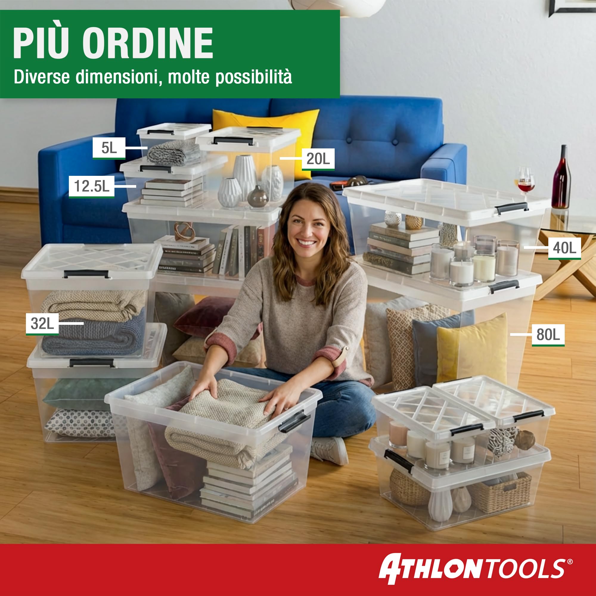 ATHLON TOOLS 4x 12,5L Scatole Plastica Trasparente con Coperchio – Contenitori Impilabili con Clip di Chiusura – Adatte per Alimenti – 100% Materiale Nuovo – Organizer Casa Cucina Ufficio Garage