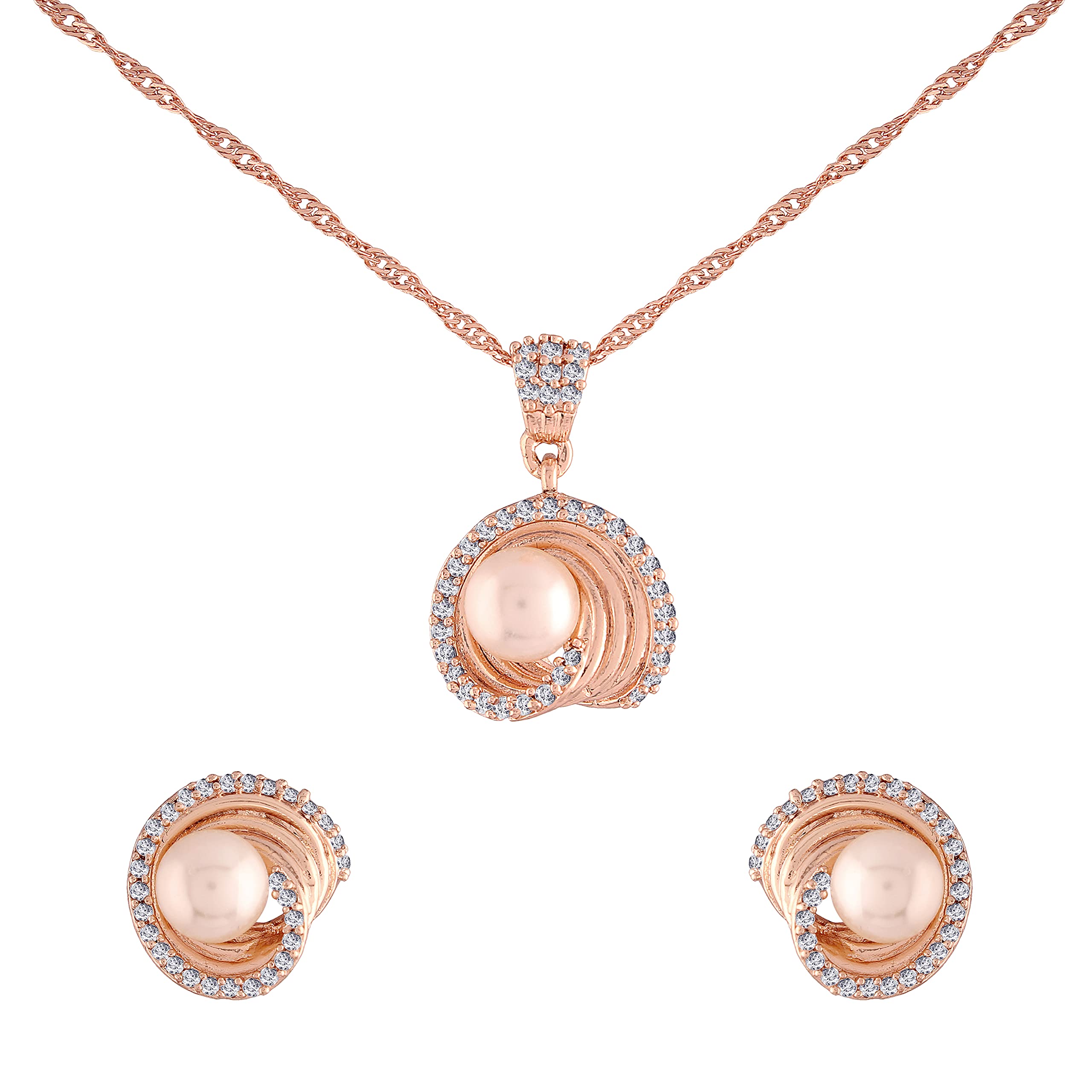 18k Rose Gold Plated Indian Bollywood Glittering Cubic Zirconia Designer Chain Pendent Necklace Jewellery Set with Pearl Drop Earring for Women & Girls (CH39)