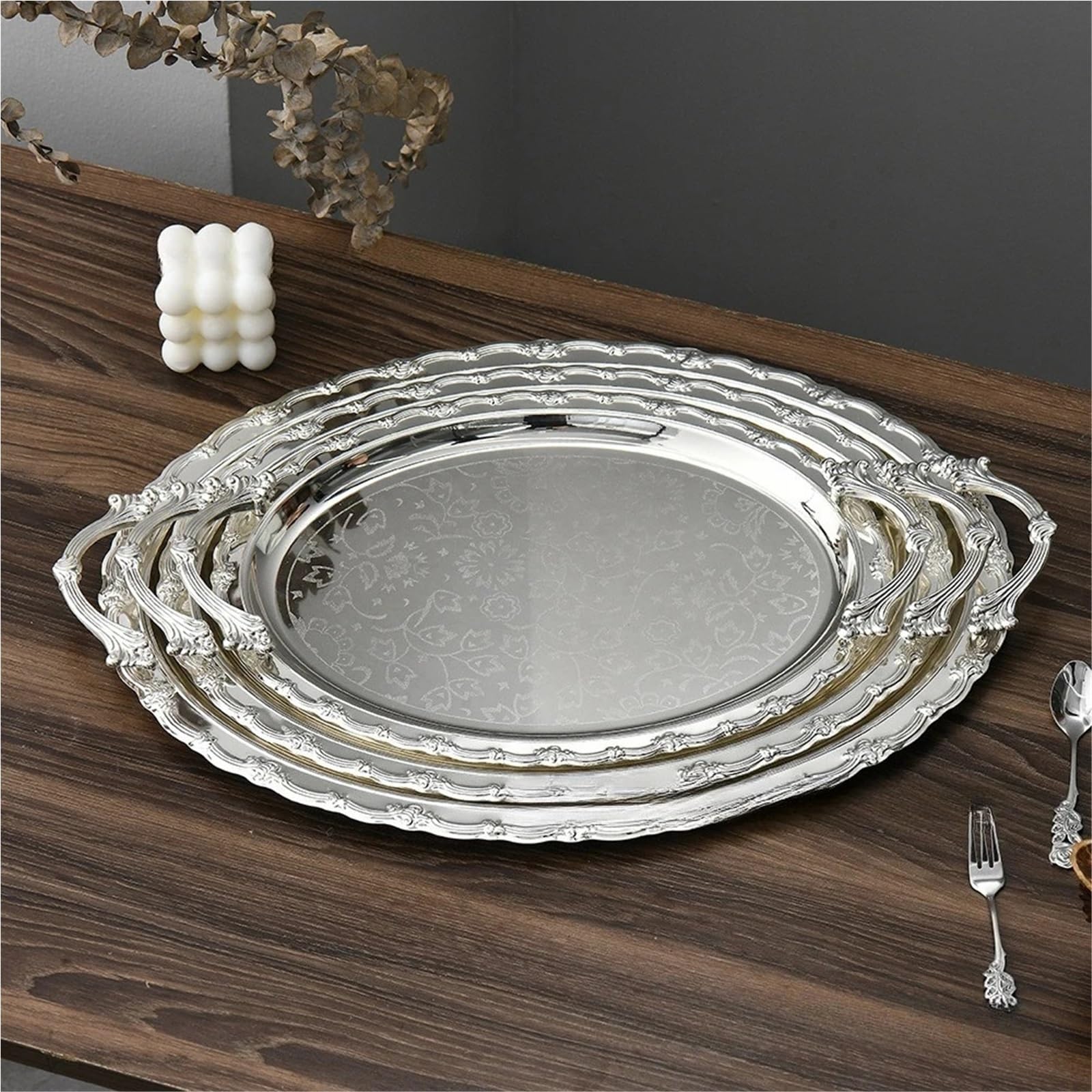 Bandeja Metálica con Asas Bandeja de exhibición postres, Organizador Almacenamiento Joyas con Fondo Plateado y Borde Dorado, Bandeja decoración celebración(M 31.5x40cm)