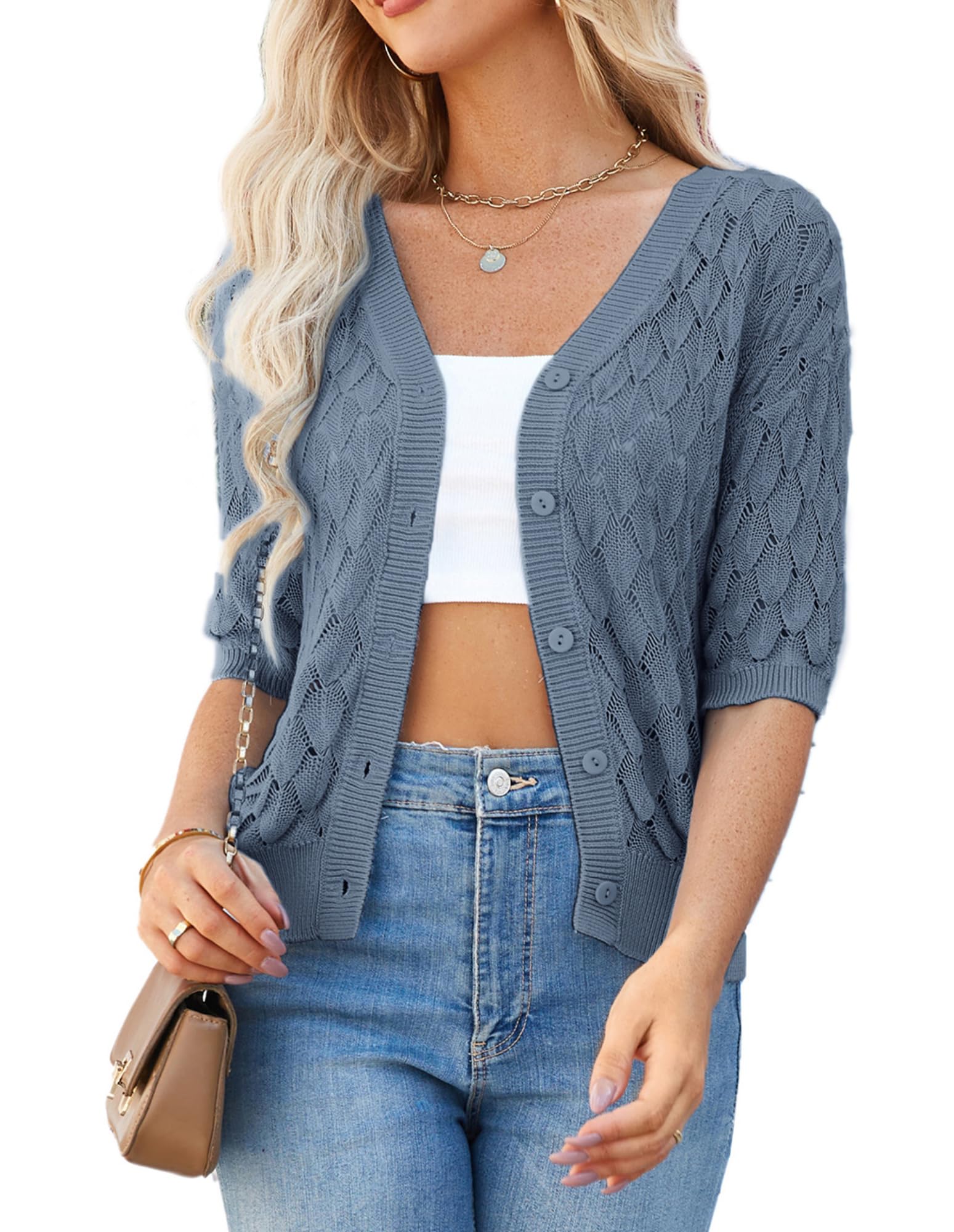 GRACE KARIN 2025 Cardigan à manches courtes et col en V pour femme en tricot ouvert sur le devant avec bouton au crochet