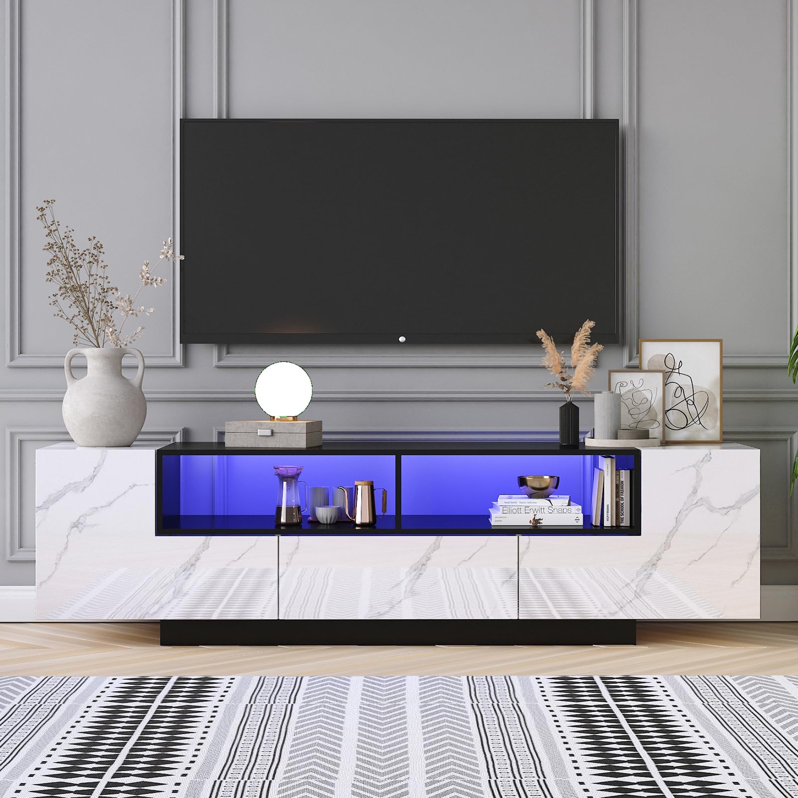 Vinctik 6&Fox 70inch LED TV Stand for 80/75 inch TV,Modern TV Stand for Living Room,TV Console,High Gloss Entertainment Center with Large Storage Drawer,APP LED Light(Marbling)