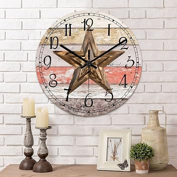 Vintage Farmhouse Wall Clock Western Texas Star Rustic Vintage Style Wood Clock Quiet Non-Ticking Battery Operated Wooden Desk Clock for Living Room Bedroom Office Home Accent 10 Inch