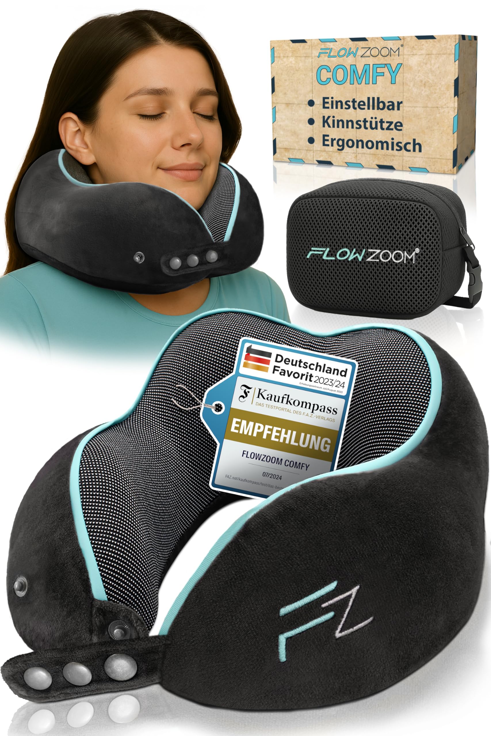FLOWZOOM Comfy Nackenkissen für Flugzeug & Auto - Einstellbares Memoryschaum Nackenhörnchen mit flexiblen Druckknöpfen für 360° Stütze, atmungsaktiver waschbarer Bezug - inkl. Beutel - Schwarz
