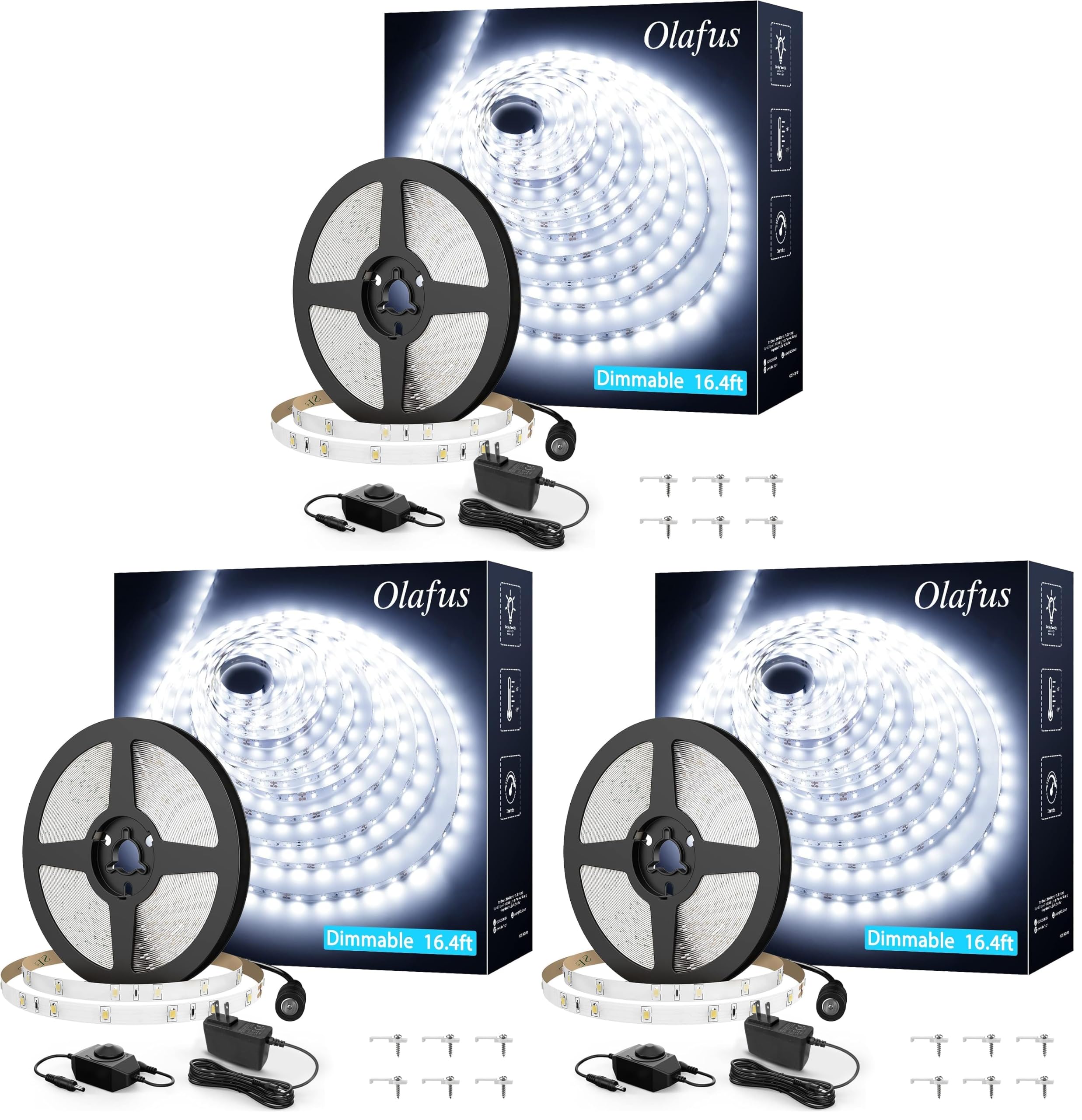 Olafus White LED Strip Lights, 16.4ft Dimmable LED Light Strip, 12V 6000K Vanity Mirror Light with UL Listed Plug, 300 LEDs 2835 Flexible Led Lights for Bedroom Under Cabinet Kitchen (Pack of 3)