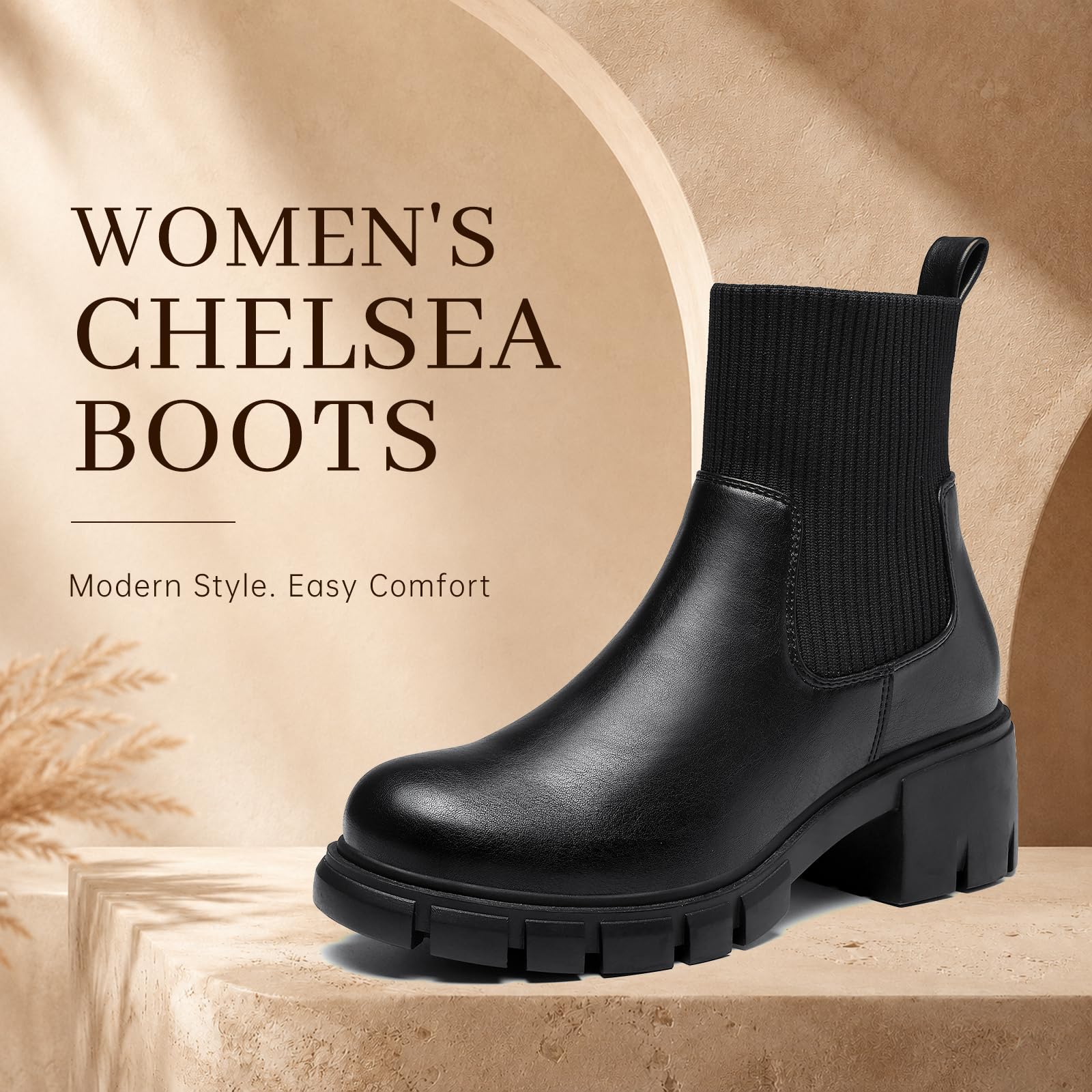 ziitop Damen Chelsea Boots mit Reißverschluss Chunky Plateau Stiefeletten mit Blockabsatz Profilsohle elastischem Einsatz und runder Zehe