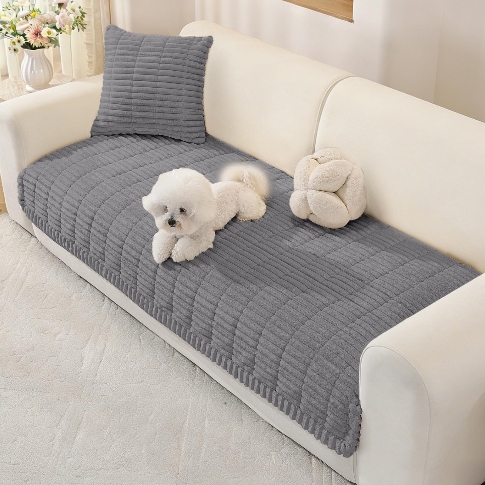 MAXIJIN Flannel Sofa Cover Washable, Soft Thick Couch Cover 2 3 4 Seater, Universal L-Shaped Corner Couch Covers, Fuzzy Pads Settee Covers for Pets and Kids (Dark Grey, 70 * 150 cm)