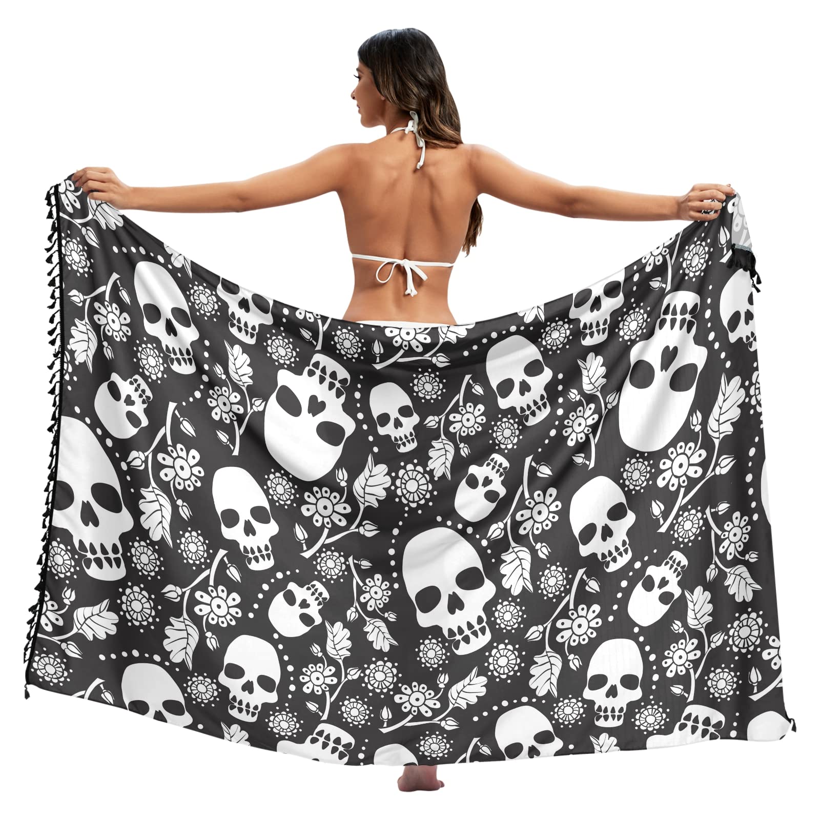 RPLIFE Pareo de playa de calavera en blanco y negro, chal de playa, borla de pareo de playa, artículos esenciales para vacaciones de verano