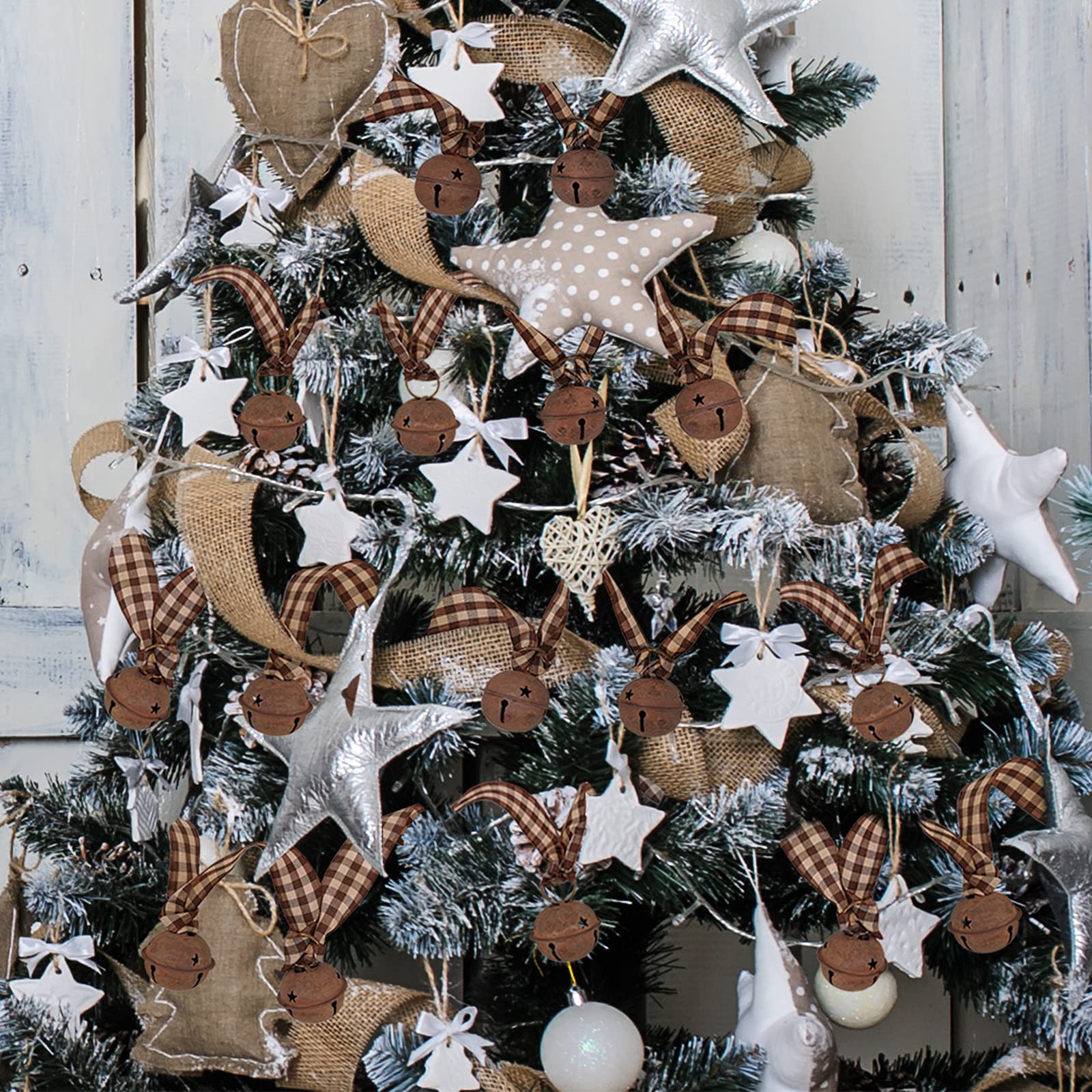 6 Meter Weihnachts-Girlande mit rostigen Schlittenglocken, primitives Metall, rostige Glöckchen und Gingham-Band, hängende Girlande für Bauernhaus, Vintage, Winter, Urlaubsdekoration