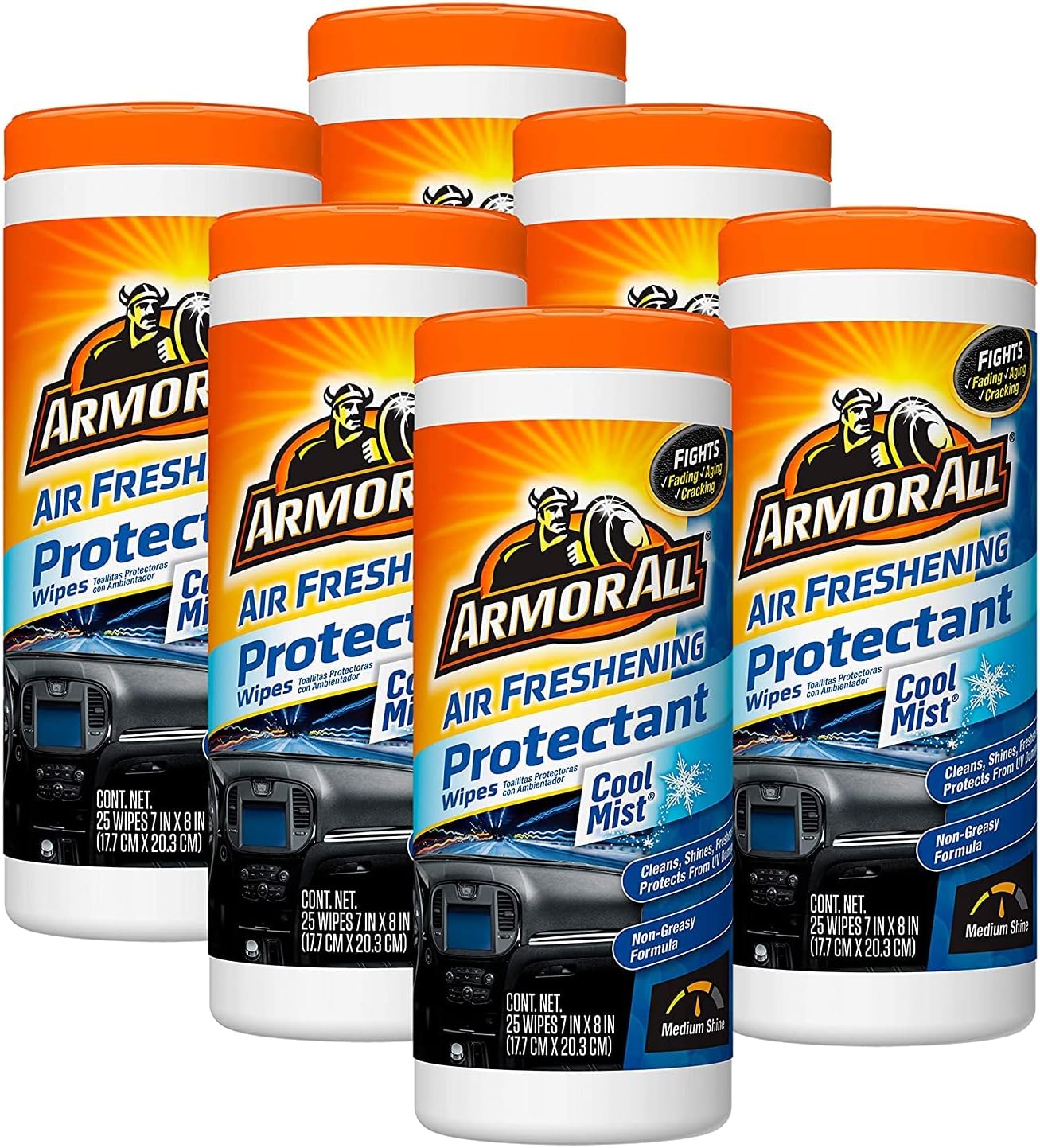 Armor All Car Interior Cleaner Protectant Wipes – Cleaning for Cars & Truck & Motorcycle, Cool Mist, 25 Count (Pack of 6), 78509-6PK