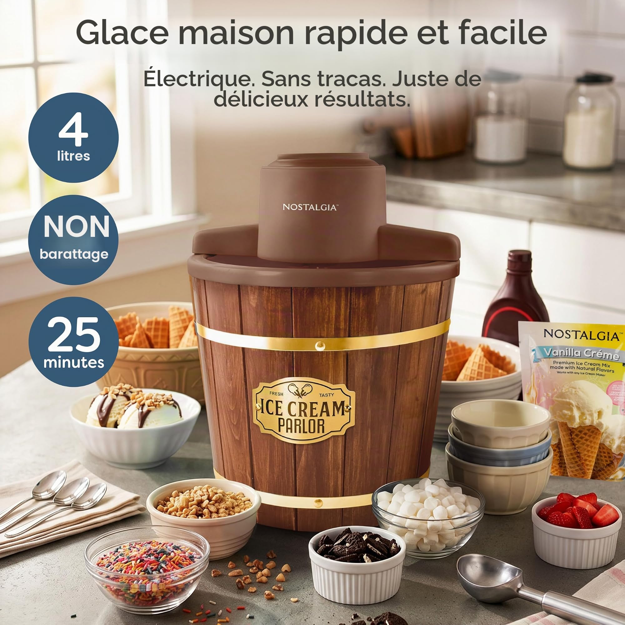 Nostalgia Seau électrique pour crème glacée avec poignée de transport facile, fait 4 litres en quelques minutes, yaourt glacé, gelato, fabriqué à partir de bois véritable