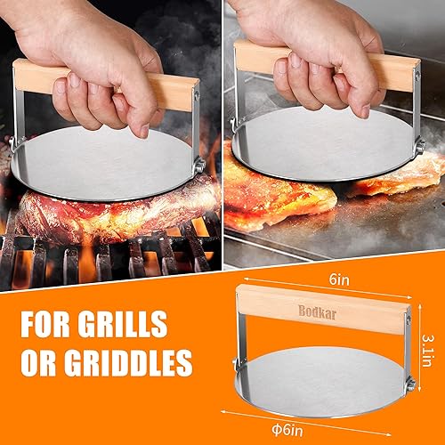 Miniatura 6 de Smash - Prensa de hamburguesa redonda de acero inoxidable de 6 pulgadas con mango de madera, tocino, hamburguesa, parrilla, prensa de carne