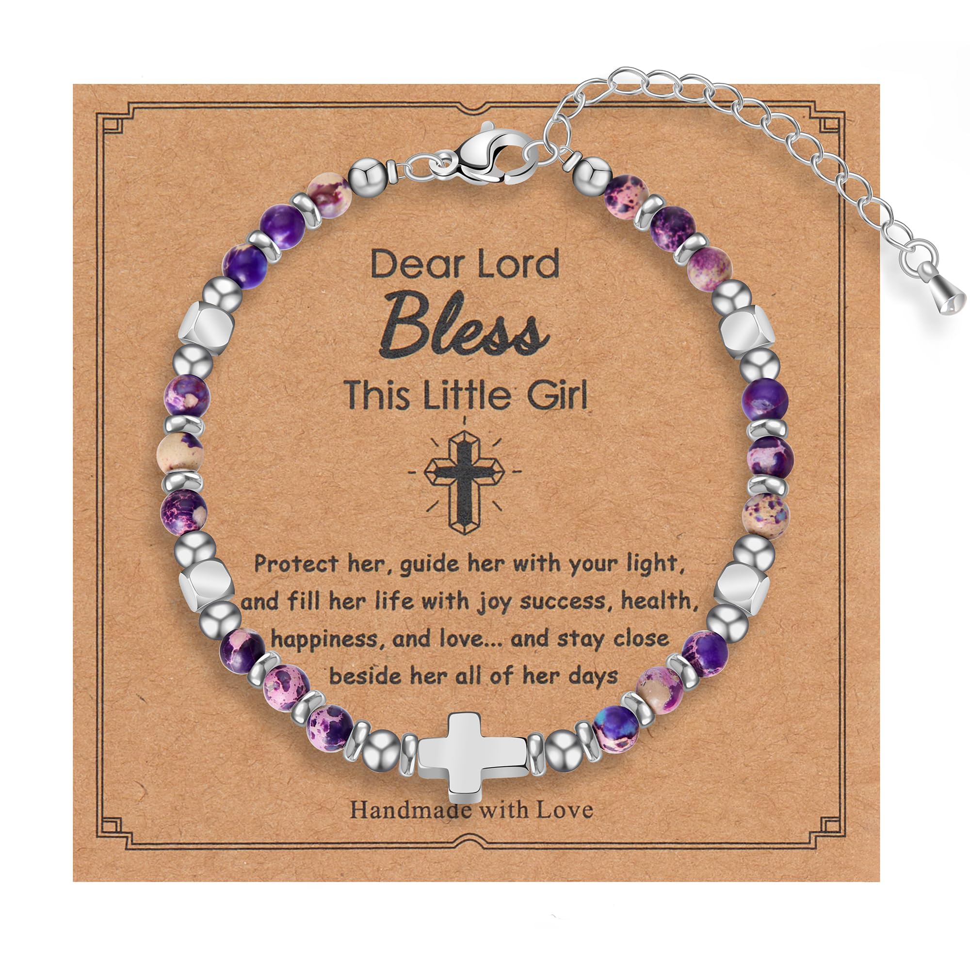 Tiny Natural Gemstone Cross Charm Bracelet, Christian First Communion Gifts for Daughter Girlfriend Mother, Meaningful Jewelry