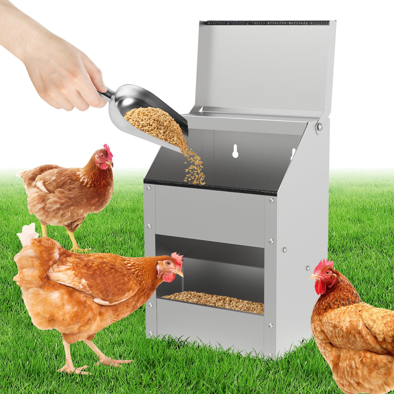 Daromigo 4,5 kg automat do karmy dla kur – dozownik karmy dla kur, ocynkowanej stali z pokrywką, automat do zawieszenia na ścianie, dla drobiu, kur, kaczek