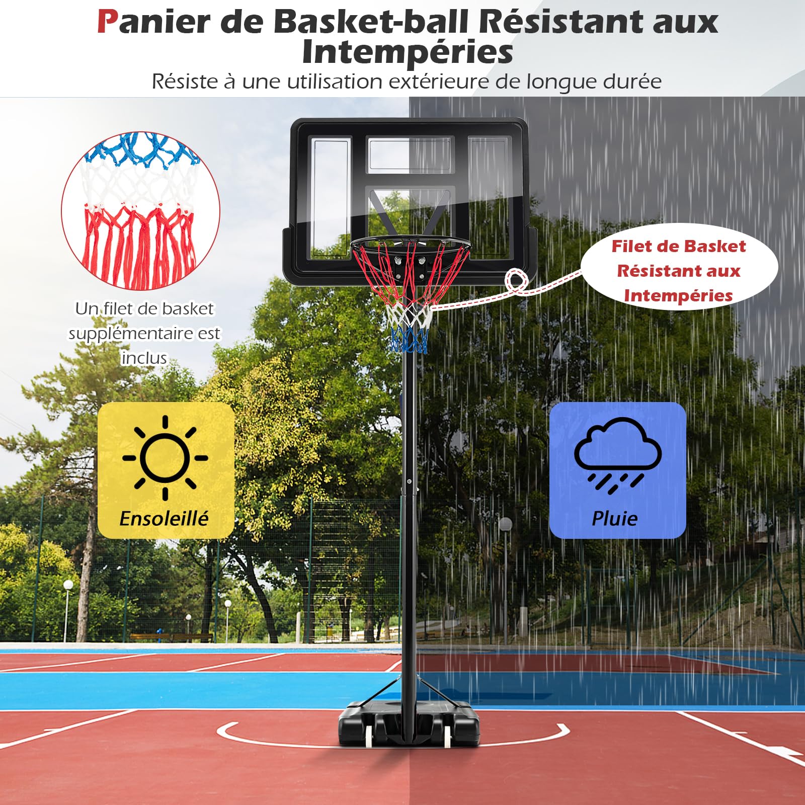 GYMAX Panier Basket Extérieur pour Enfants Adultes, Hauteur Réglable 135-305CM, Mobile avec Roues, Base Remplissable, 2 Filets Fournis, Panneau Arrière Incassable