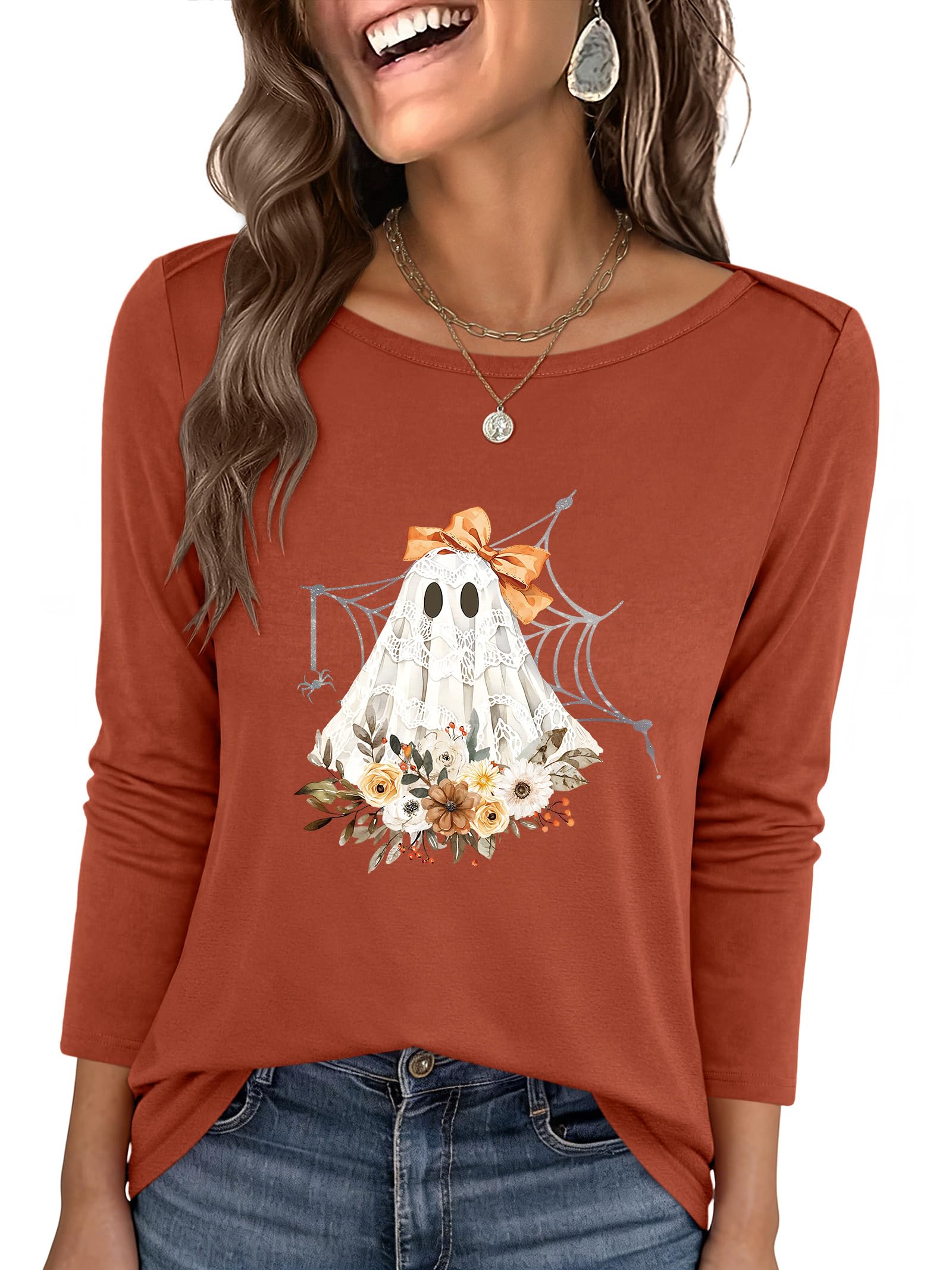 ANRABESS Womens Boat Neck 3/4 Sleeve Top, 2026 Summer Fall Fashion T Shirt Medium Halloween Lace Ghost