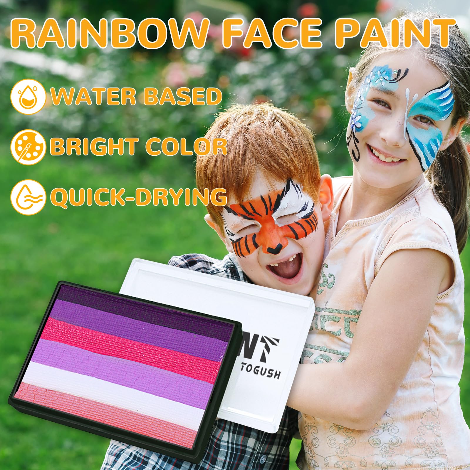 T TOGUSH Rainbow Split Cake Face Paint 30g, Water Based Eyeliner Makeup Split Cake, Quick Drying Hypoallergenic Easy Wash Off Non-Toxic, Suitable for Halloween, Festival Party Makeup
