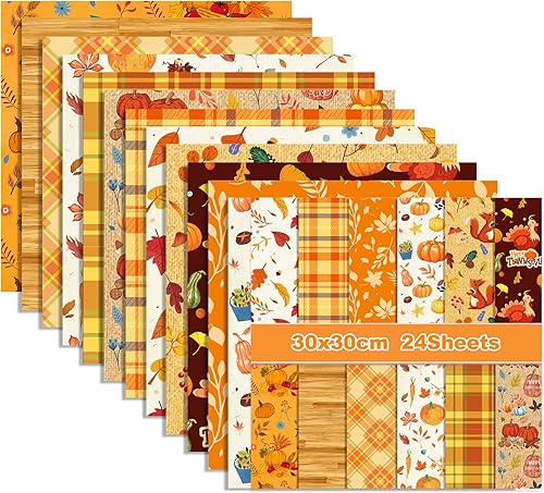 Bloc de papel de 24 hojas con tema de Acción de Gracias, 12 x 12 pulgadas, papel decorativo de doble cara para manualidades, paquete de papel de