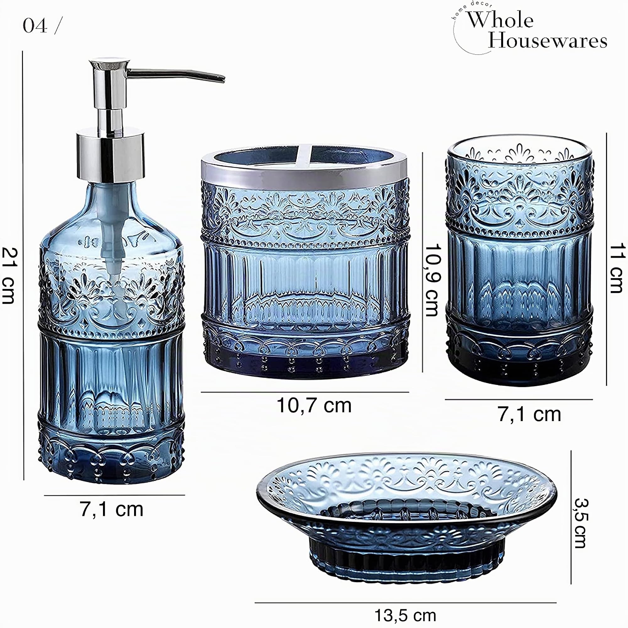 WHOLE HOUSEWARES | Badezimmer-Set | 4-teiliges Badezimmer-Accessoires-Set | Seifenspender, Tablett, Glas, Zahnbürstenhalter | Mosaikglas (blau)