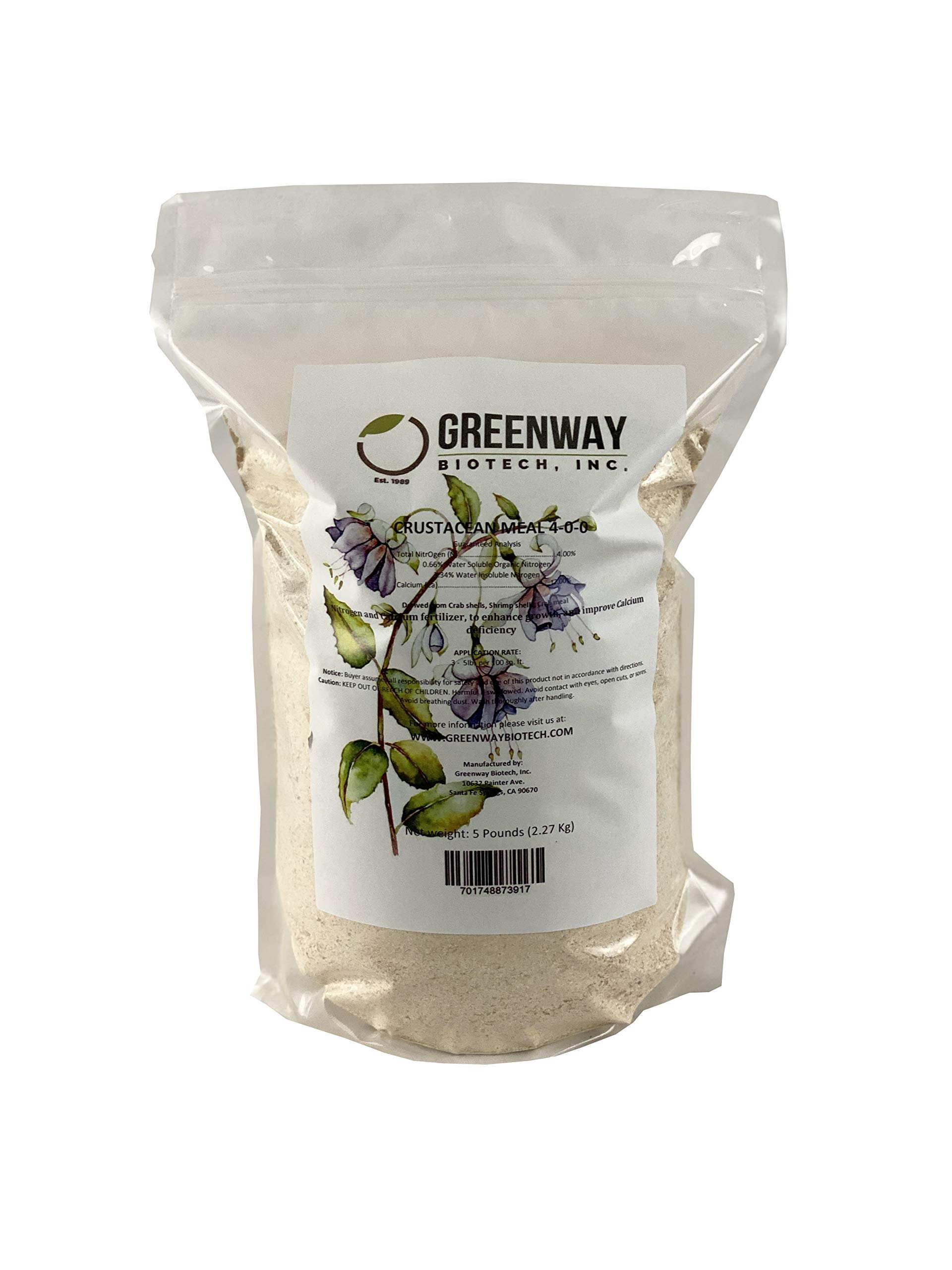 Greenway Biotech Organic Crustacean Meal Fertilizer 4-0-0 Includes 4% Nitrogen, 12% Calcium and High Level Chitin- Ideal for Young Seedlings, Flowers, Vegetables from Crab, & Shrimp Shells (5 Pounds)