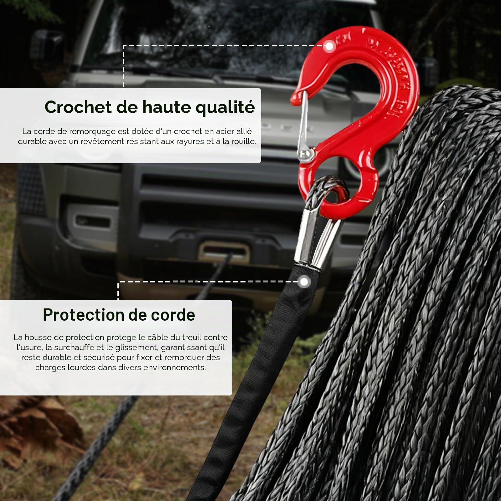 Corde de Remorquage pour Voiture, Corde de Treuil 15M Long 8MM Diamètre Cable Synthétique 12 Torons Câble en Plastique 13228 Livre Câble de Remorque avec Crochet Métallique pour SUV Camion UTV, Noir