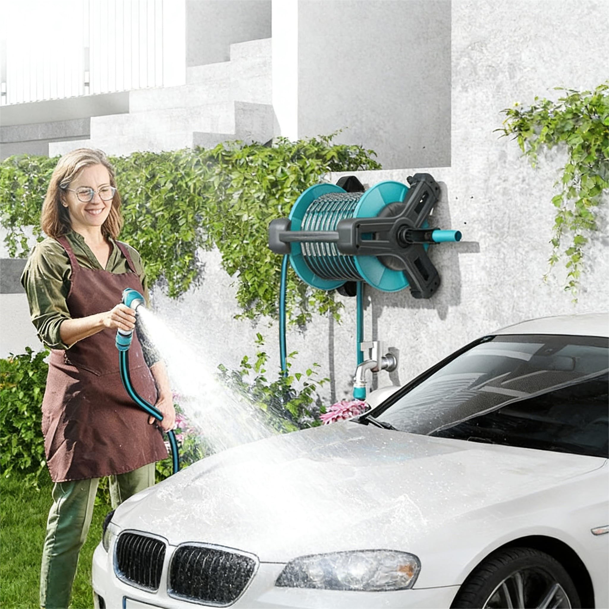 50M Schlauchaufroller für die Wandmontage im Außenbereich, tragbarer Schlauchaufroller für den Boden, Halterung für Wasserleitungen, für Autowaschanlagen,Mobiler Gartenschlauchaufroller mit Wasserrohr