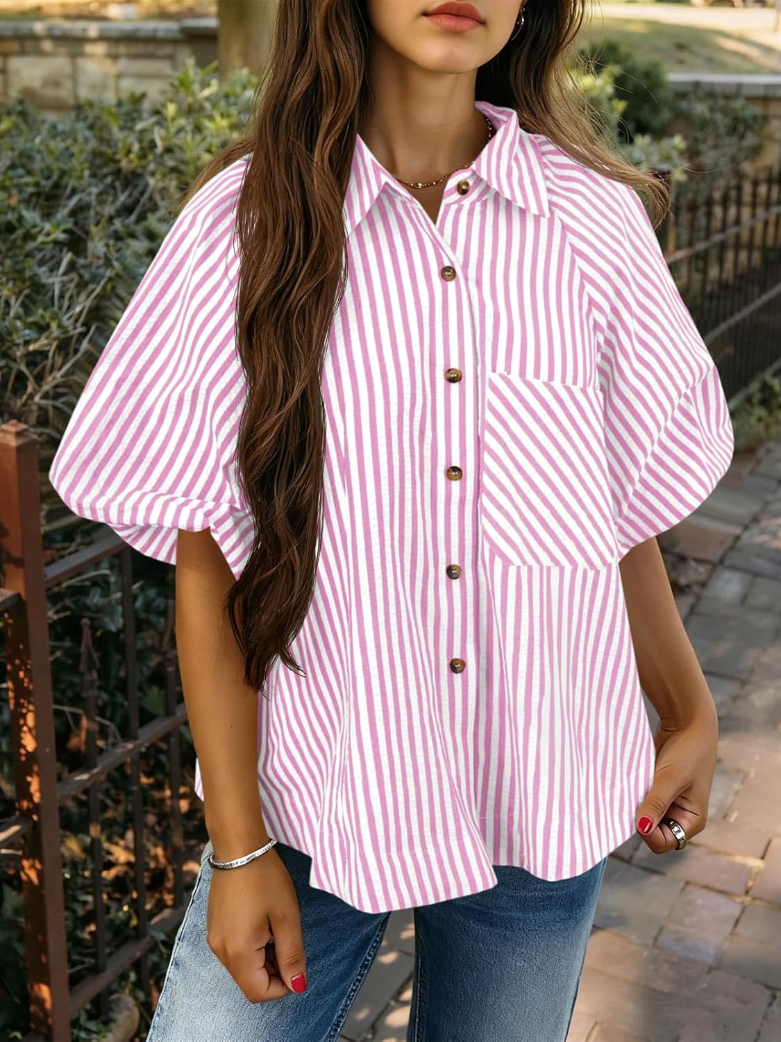 Tankaneo Womens Short Puff Sleeve Button Down Shirts Striped Trendy Casual Loose Fit Blouse V Neck Collared Tops - Image 5