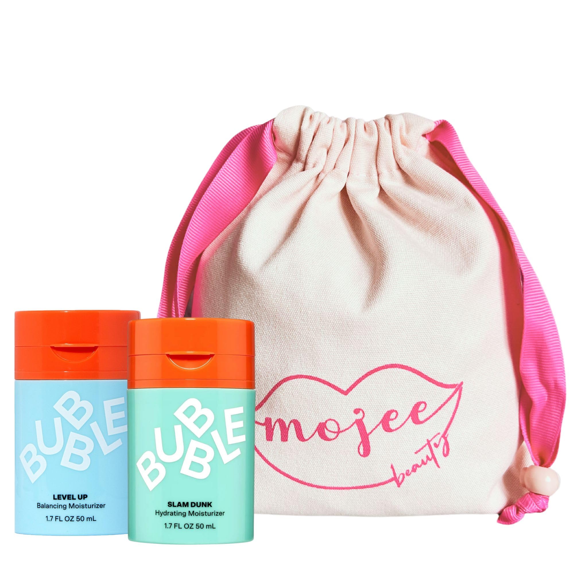 Skincare Bundle with Bubble Skincare Slam Dunk Hydrating Moisturiser 50ml, Bubble Skincare Level Up Balancing Moisturiser 50ml and Mojee Beauty Canvas Bag