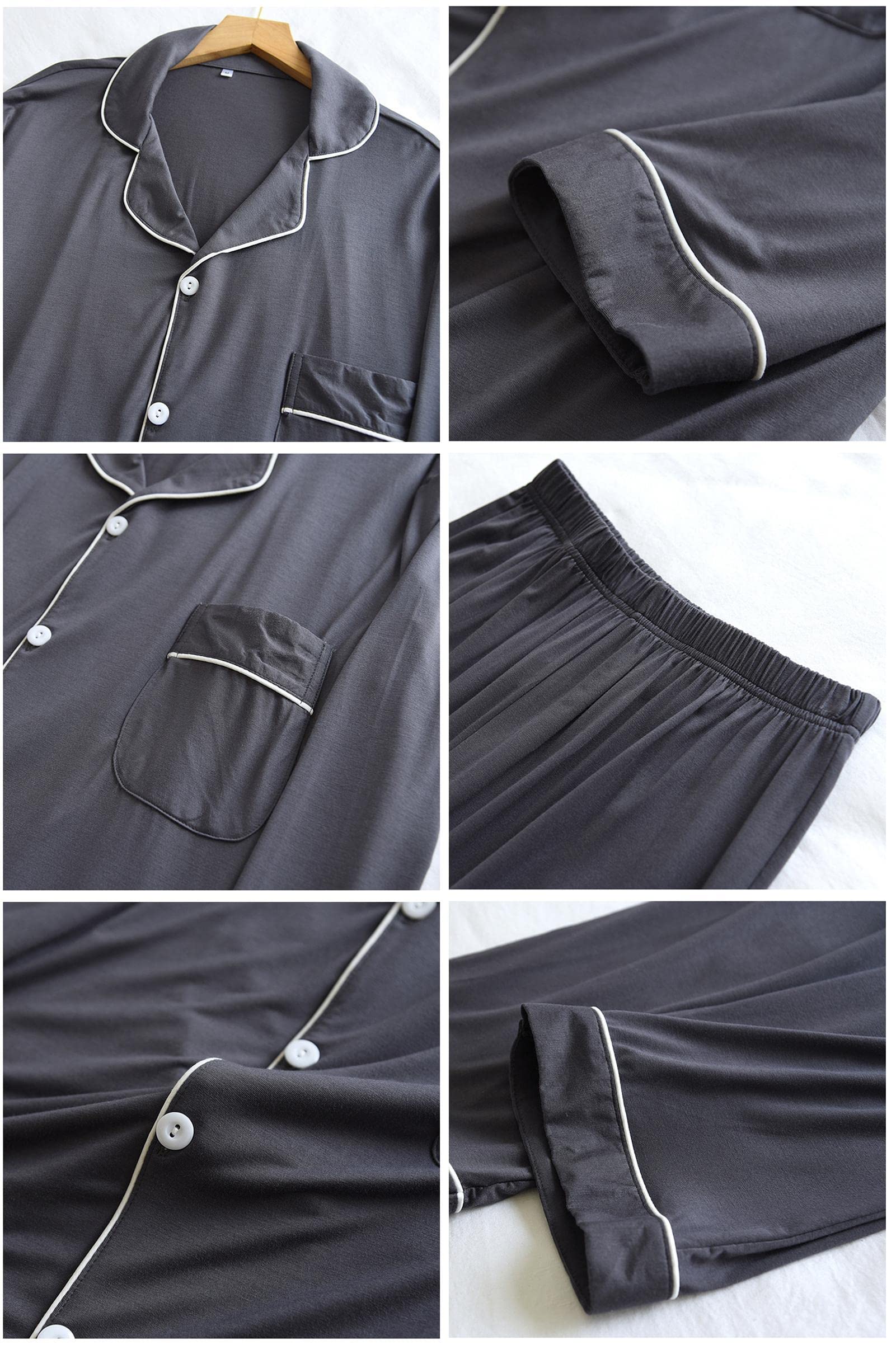 Conjunto de Pijama para Hombres 2 Piezas de Modal Ropa de Dormir de botón de Manga Larga PJ Set