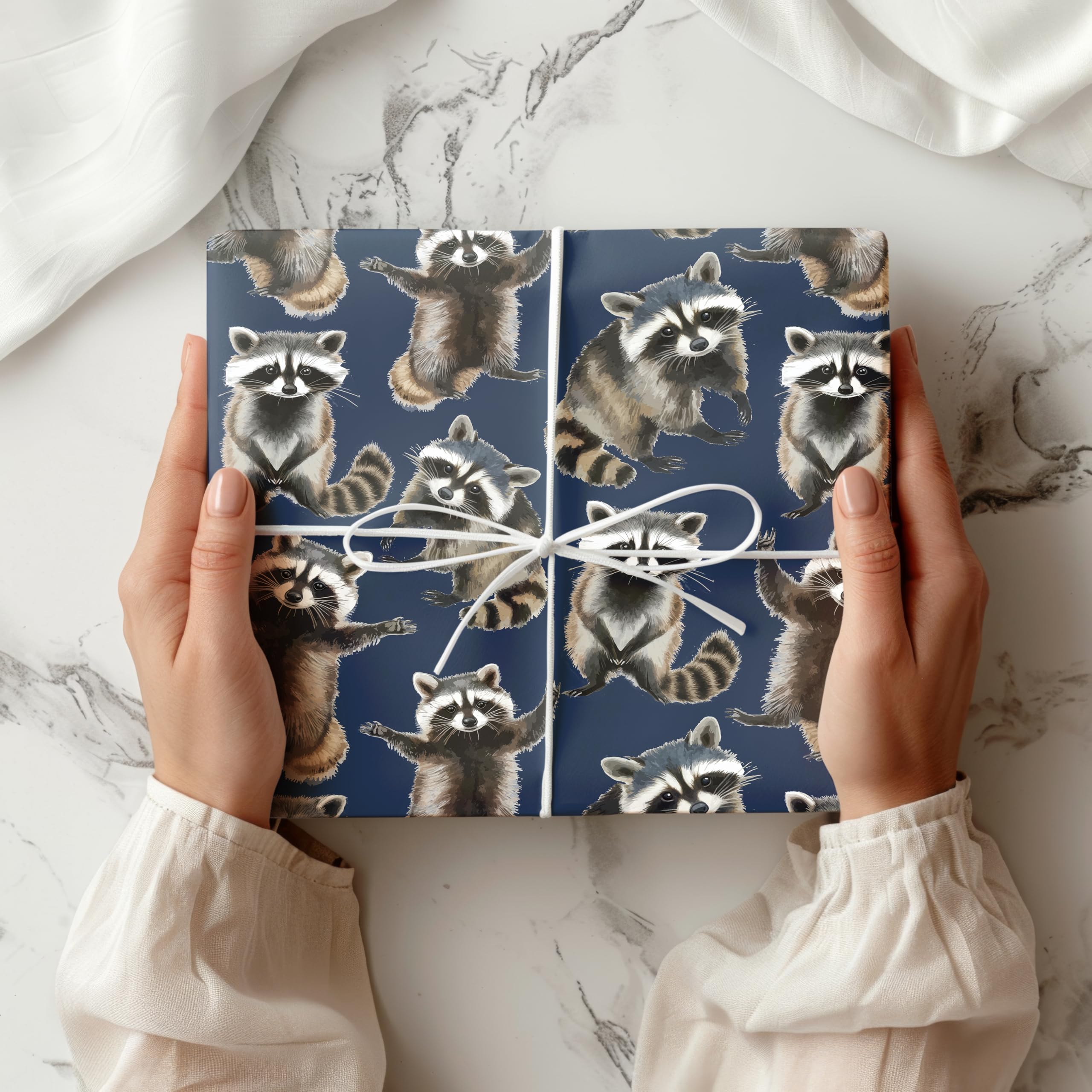 Cute Raccoon Wrapping Paper – Playful Woodland Animal Gift Wrap Sheet with Watercolour Style Raccoons – Birthday or Kids Gift Wrap – W68 (Navy, Large - 58 x 85cm / 22.8" x 33.4" inches)