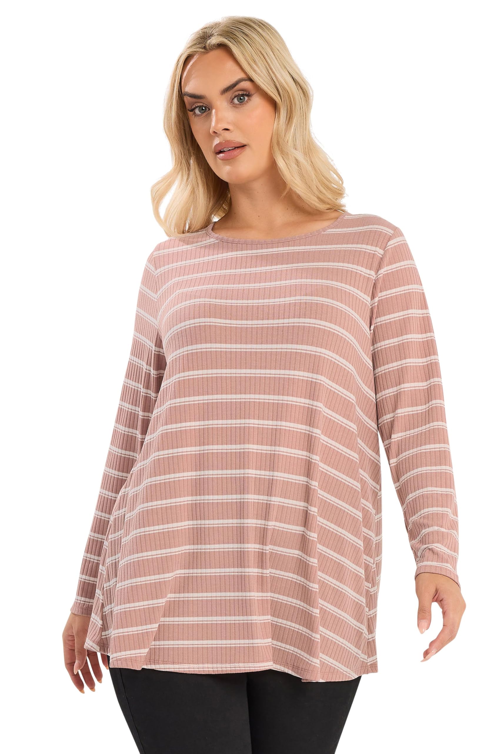 Yours Curve Pink Stripe Ribbed Swing Top - Women's - Plus Size Curve