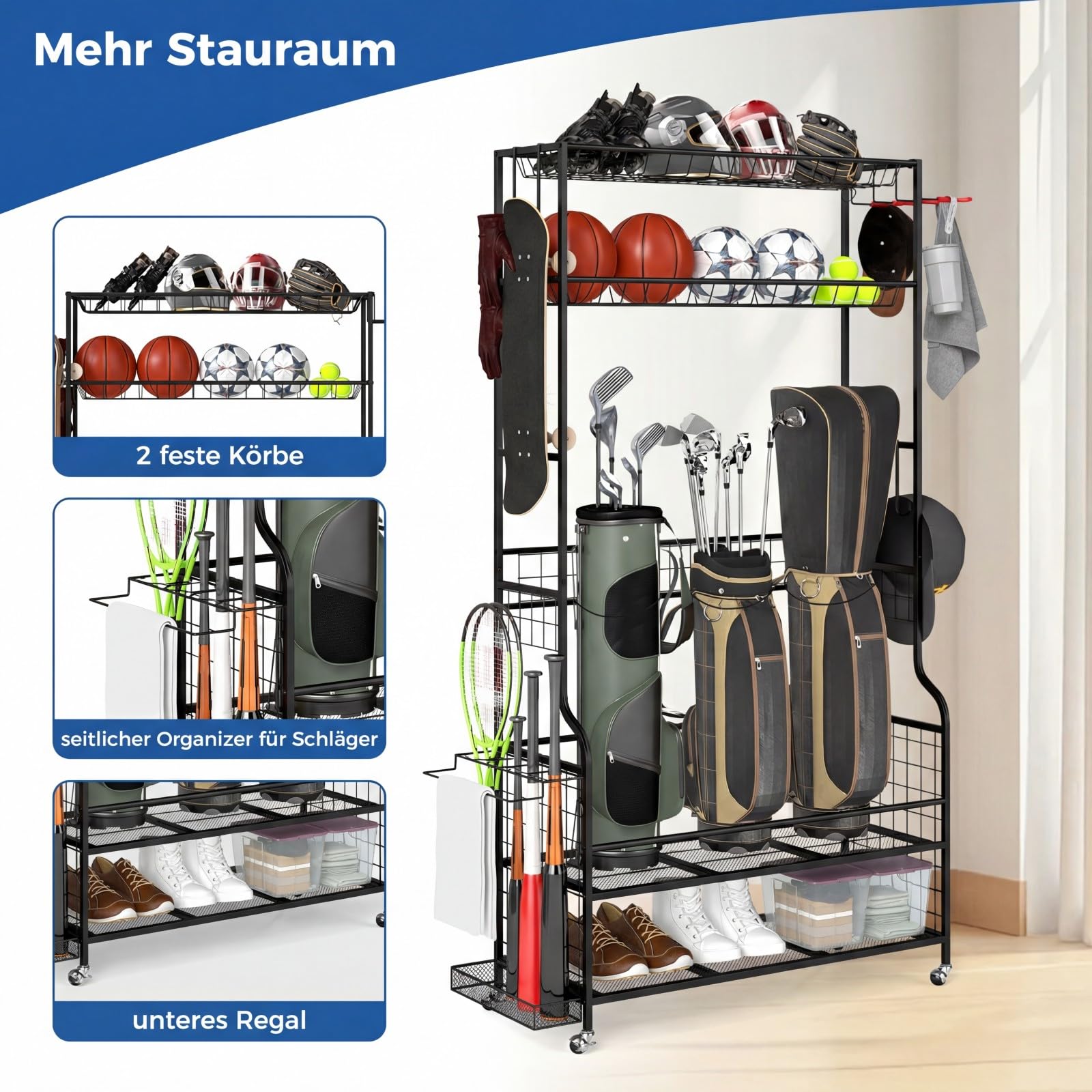 COSTWAY Golf Organizer, Golfschläger-Organizer mit abnehmbaren Rollen, Golf Aufbewahrung mit 4 Haken, 2 Körben & seitlichem Regal für 3 Golftaschen, Golftaschenregal aus Metall für Keller, Club