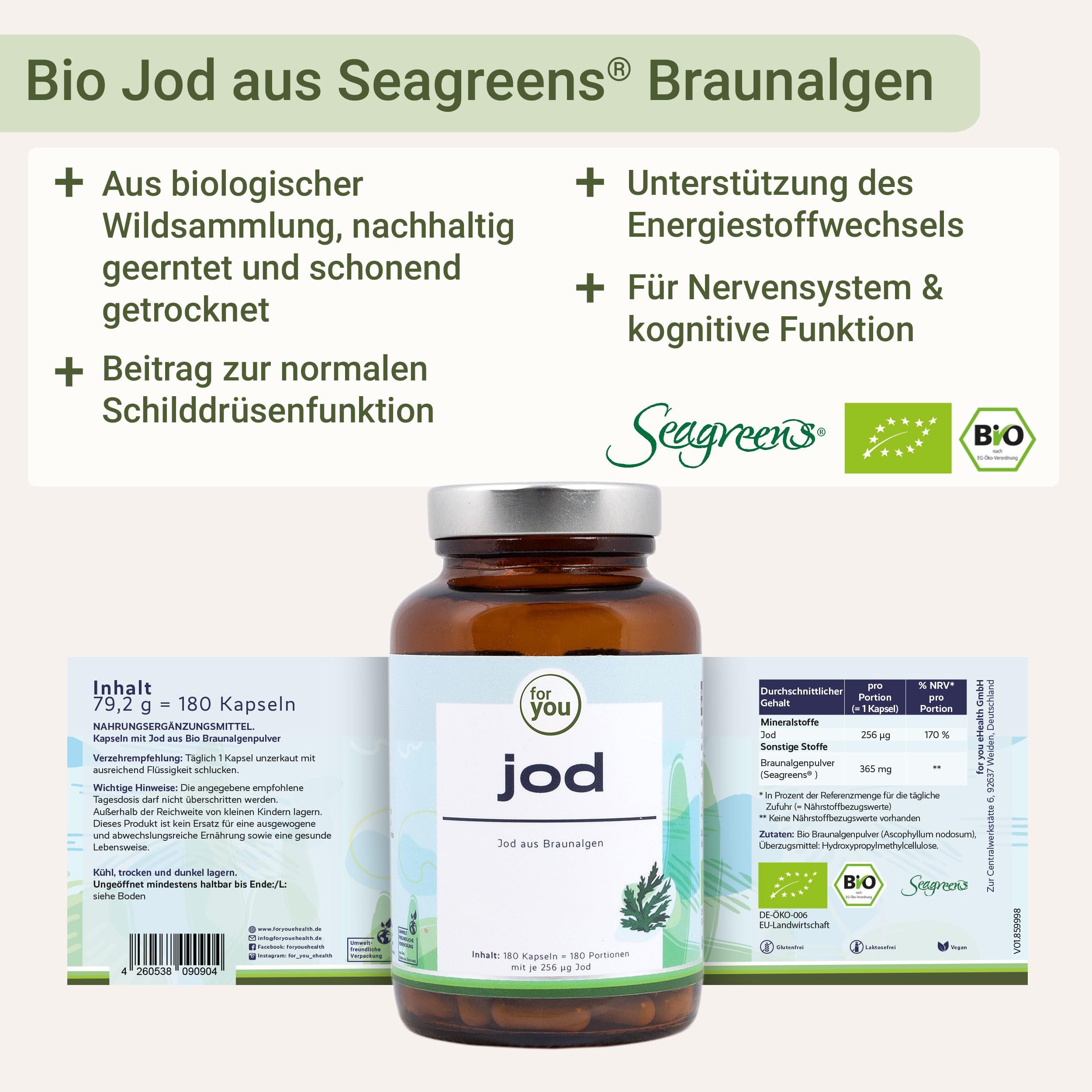 for you jod Bio 360 Kapseln - hochdosierte Jodkapseln aus Bio-Braunalgen von Seagreens® - aus biologischer Wildsammlung, nachhaltig geerntet - vegane Kapseln mit je 256µg Jod