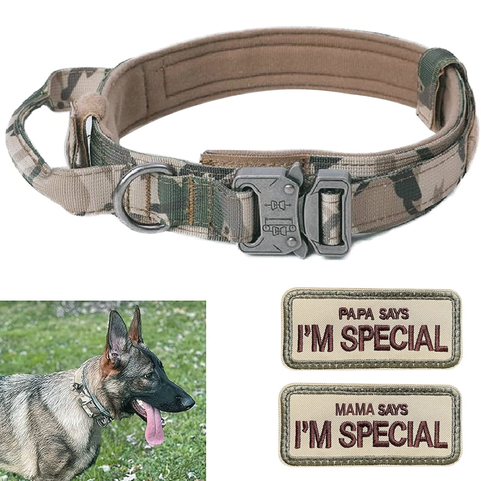 Collar de perro ajustable con asa de control, collar táctico de nailon, acolchado para perros, hebilla de metal, para perros medianos y grandes, caza, entrenamiento al aire libre, K9 gris, L