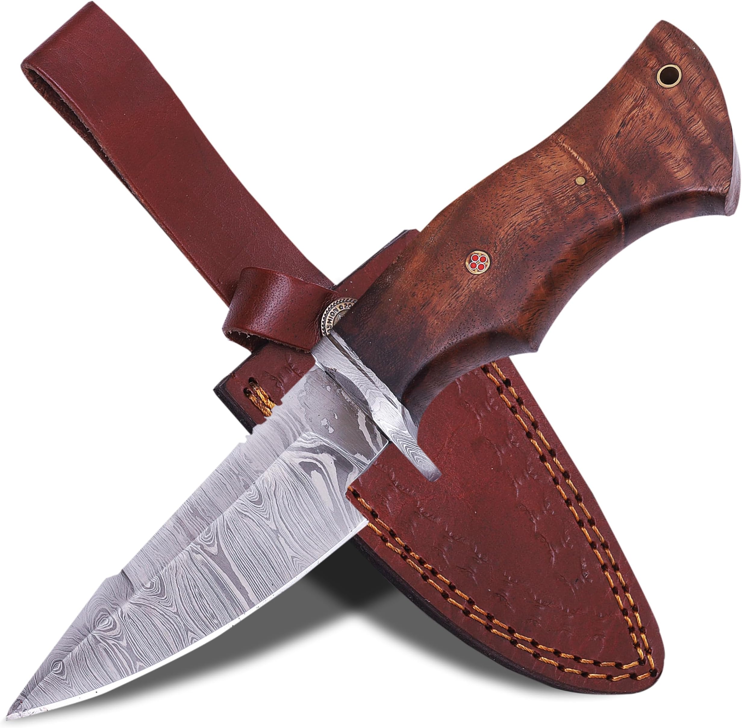 Handmade 10 Inch Damascus Hunting Knife- Ideal for Skinning, Camping, Outdoor - EDC Fixed Blade Knive Bushcraft Knifes with Walnut Wood Handle Knifes (VK-HK-09)
