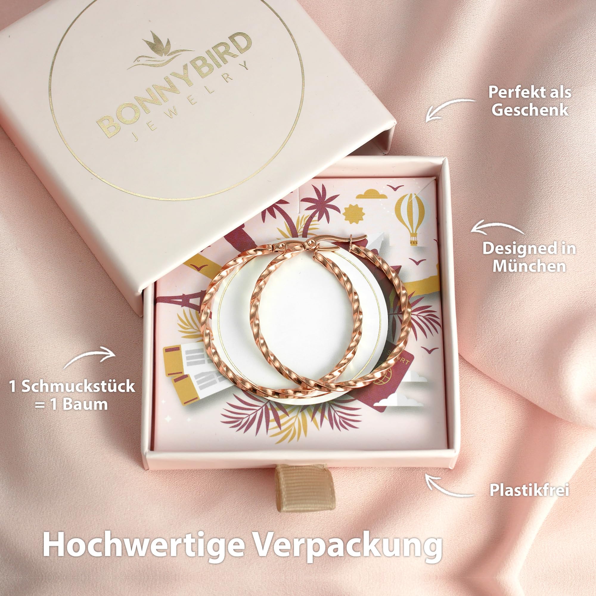 BONNYBIRD® Wasserfeste Edelstahl Creolen Groß in Silber, Gold & Roségold - Ohrringe Damen aus hochwertigem Chirurgenstahl, 100% Wasserfest & Hautverträglich "BonnyFly" (40 mm)