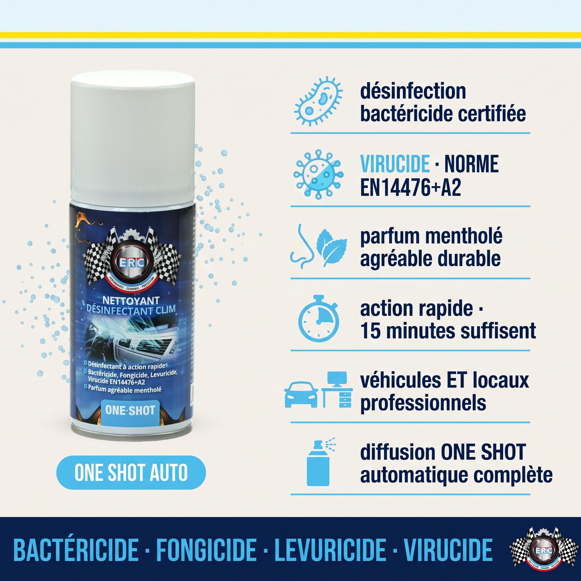ERC | Désinfectant Clim Voiture One Shot Bactéricide Virucide | Élimine Bactéries, Moisissures, Champignons en 15 min | Diffusion Automatique Spray Mentholé | Norme EN14476 Fongicide | 150 ml
