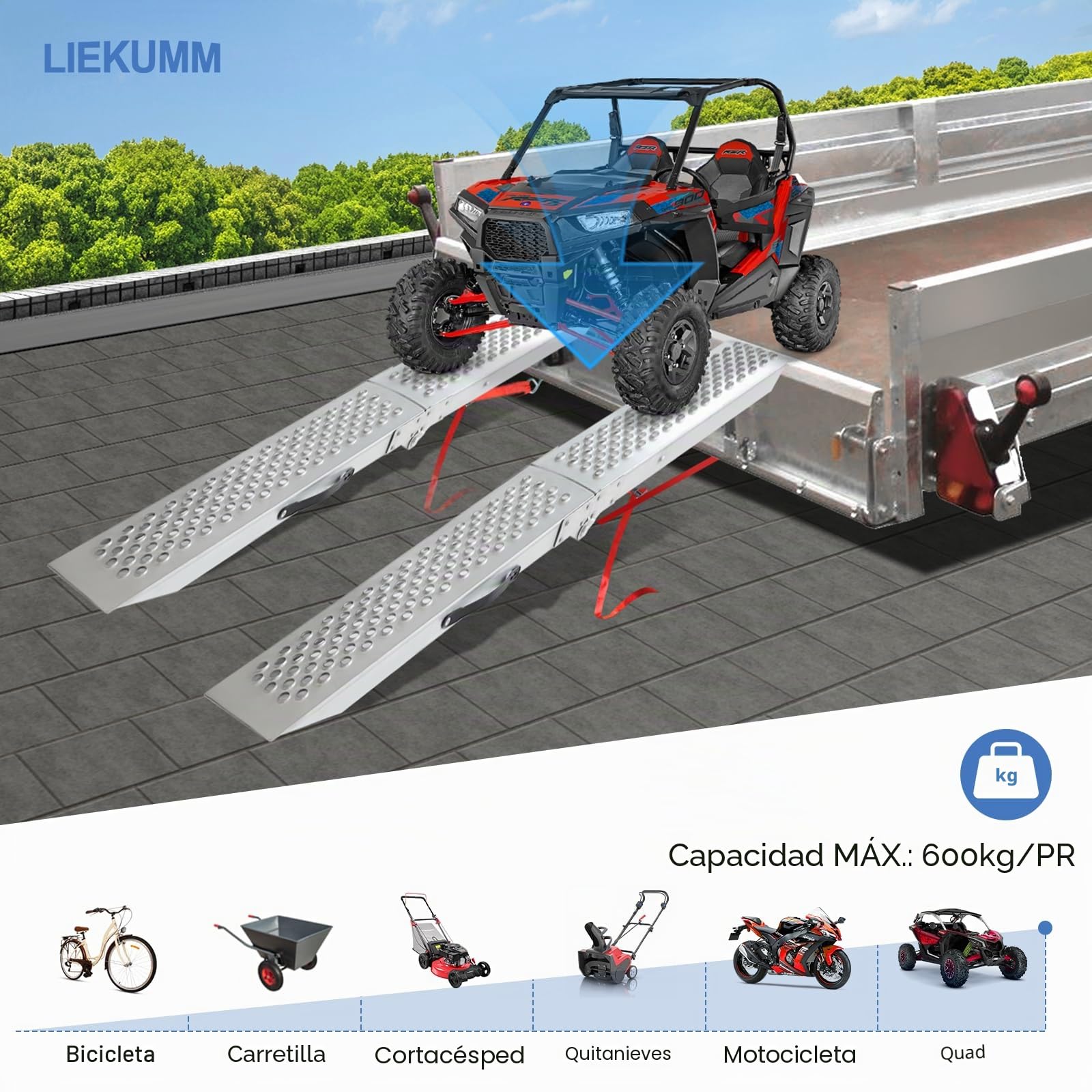 LIEKUMM Rampas de Carga, 150 cm Rampa de Acceso, rampa de Carga con perforación, 600 kg/par de Capacidad para Motocicleta, ATV, camión, Quad, cortacésped, 2 Unidades | Estable Carga máxima 600 kg, Acero Antioxidante, Adecuada Para Remolque Para Coche, Mot