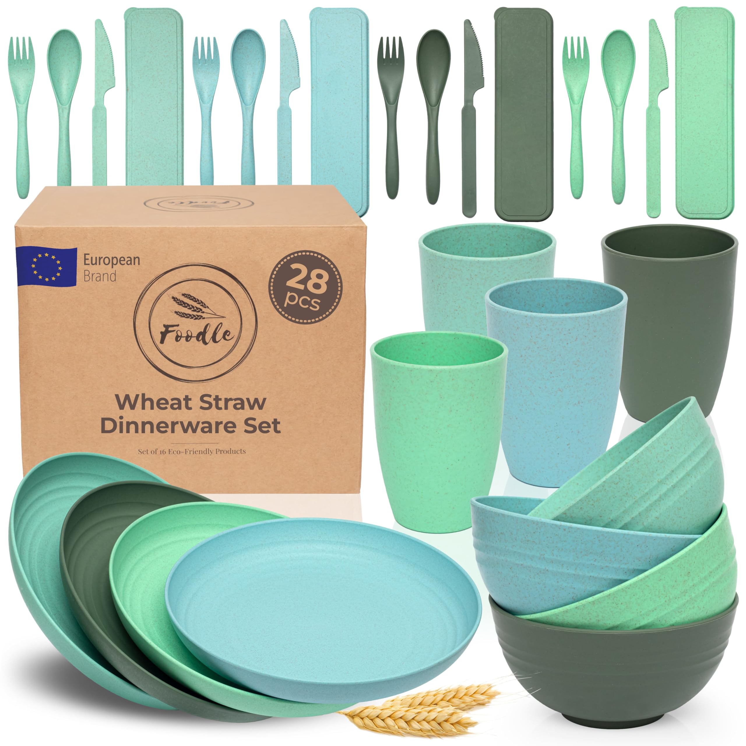 Photo 1 of FOODLE Wheat Straw Dinnerware Set - BPA Free & Safety Tested - Microwave & Dishwasher Safe Dishes - Perfect for Camping, Picnic, RV, Dorm - Plates, Cups and Bowls - Great for Kids & Adults - For 4