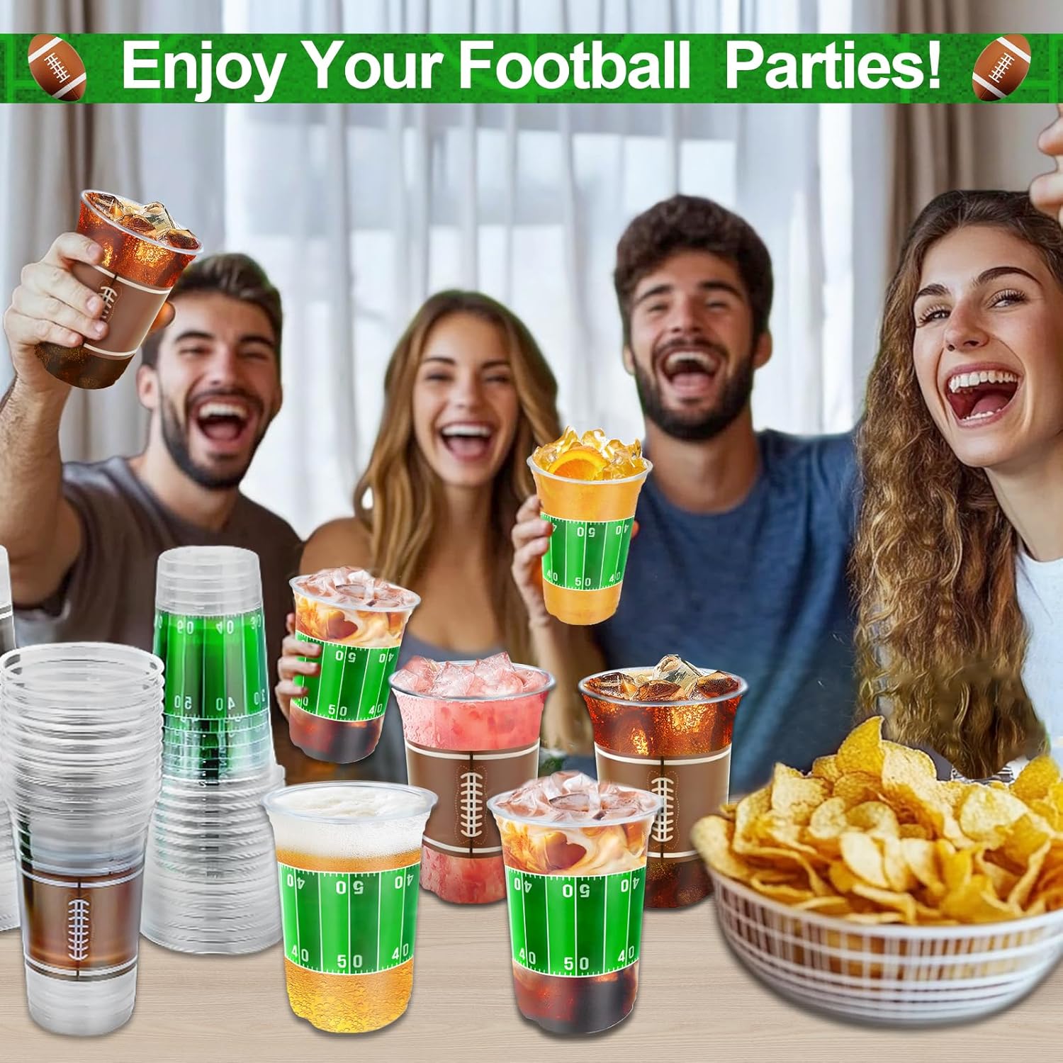 TURNMEON 100 Pcs 16 Oz Football Cups Party Decorations, Thickened Plastic Cups Football Party Supplies Tailgate Events, Disposable Clear Drinking Cup Sport Theme Party Favors