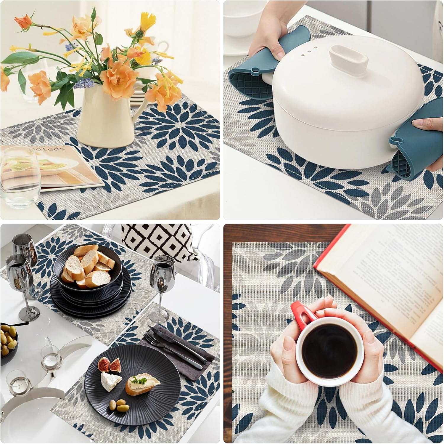 Niviy Dahlia Aqua Floral Pinnata Flower Placemats Set of 4, 12x18 Inch Washable Easy to Clean Heat-Resistant Anti-Skid Grey Placemats for Holiday Party Kitchen image 3