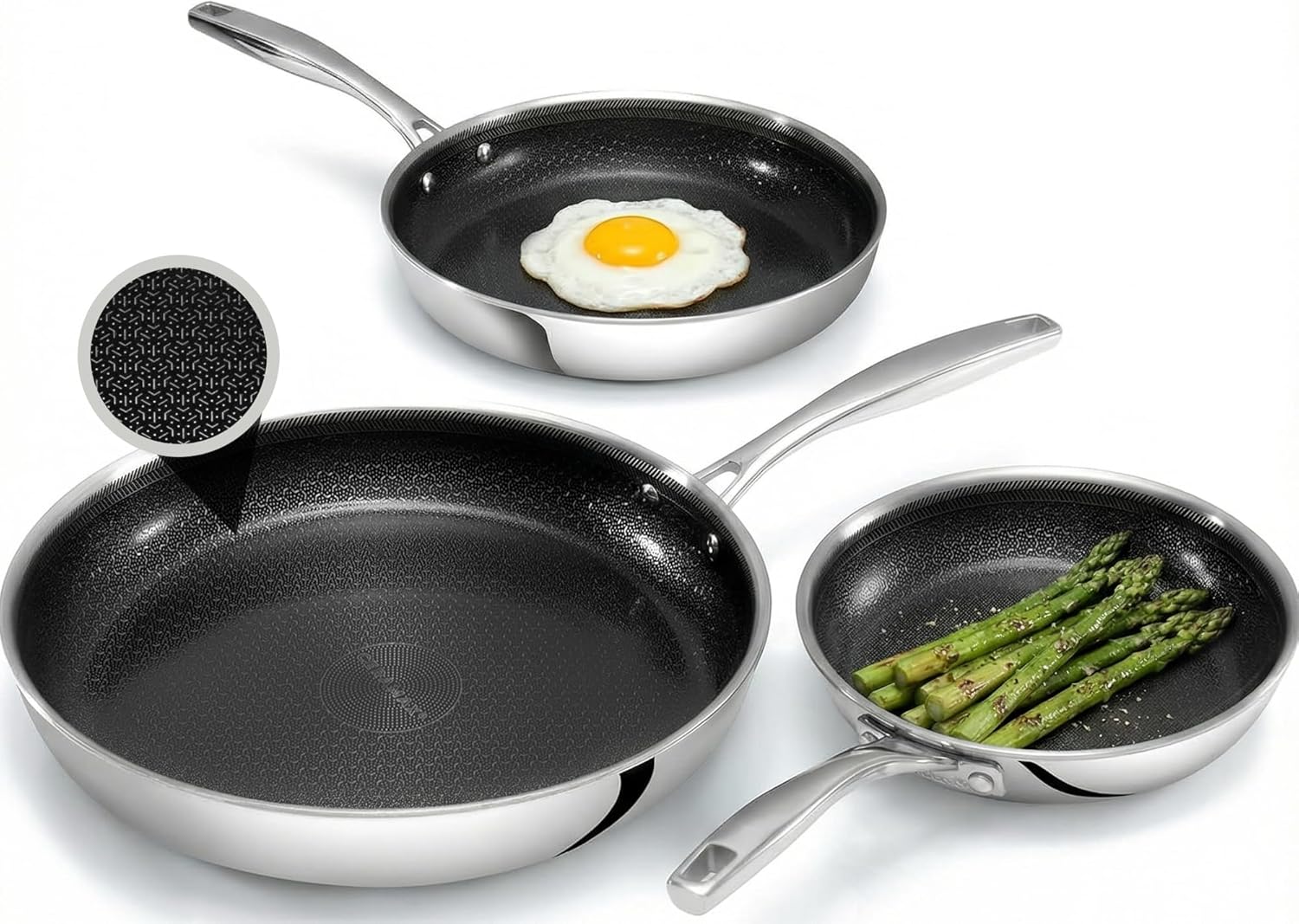 Gotham Steel Hybrid 3pc Frying Pan Set, Stainless Steel Ceramic Nonstick, 8 10 12 inch, Induction Ready, PFAS/PFOA Free, Oven & Dishwasher Safe - Black