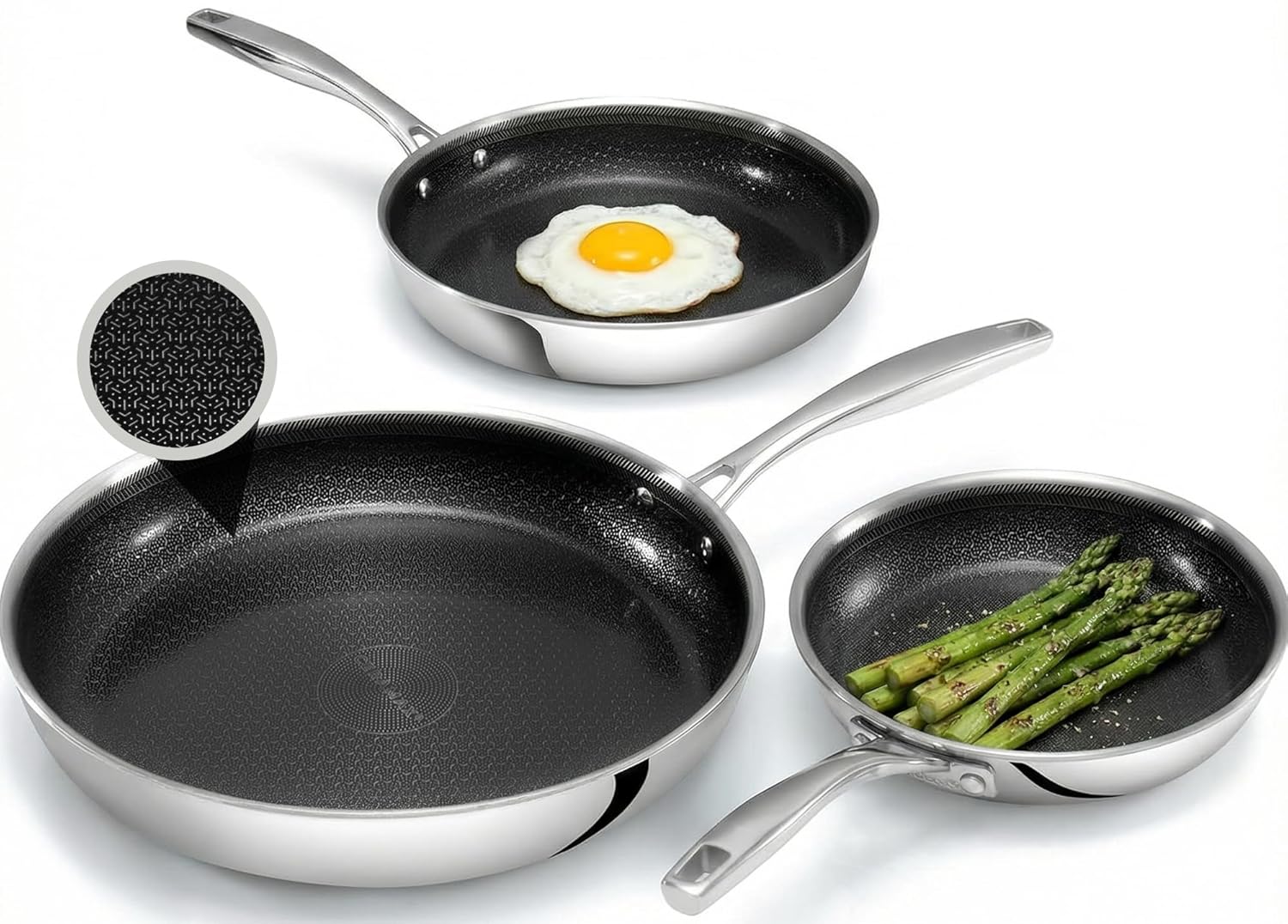 Gotham Steel Hybrid 3pc Stainless Steel Non Stick Frying Pans Set 8 10 12 inch Ceramic Frying Pan