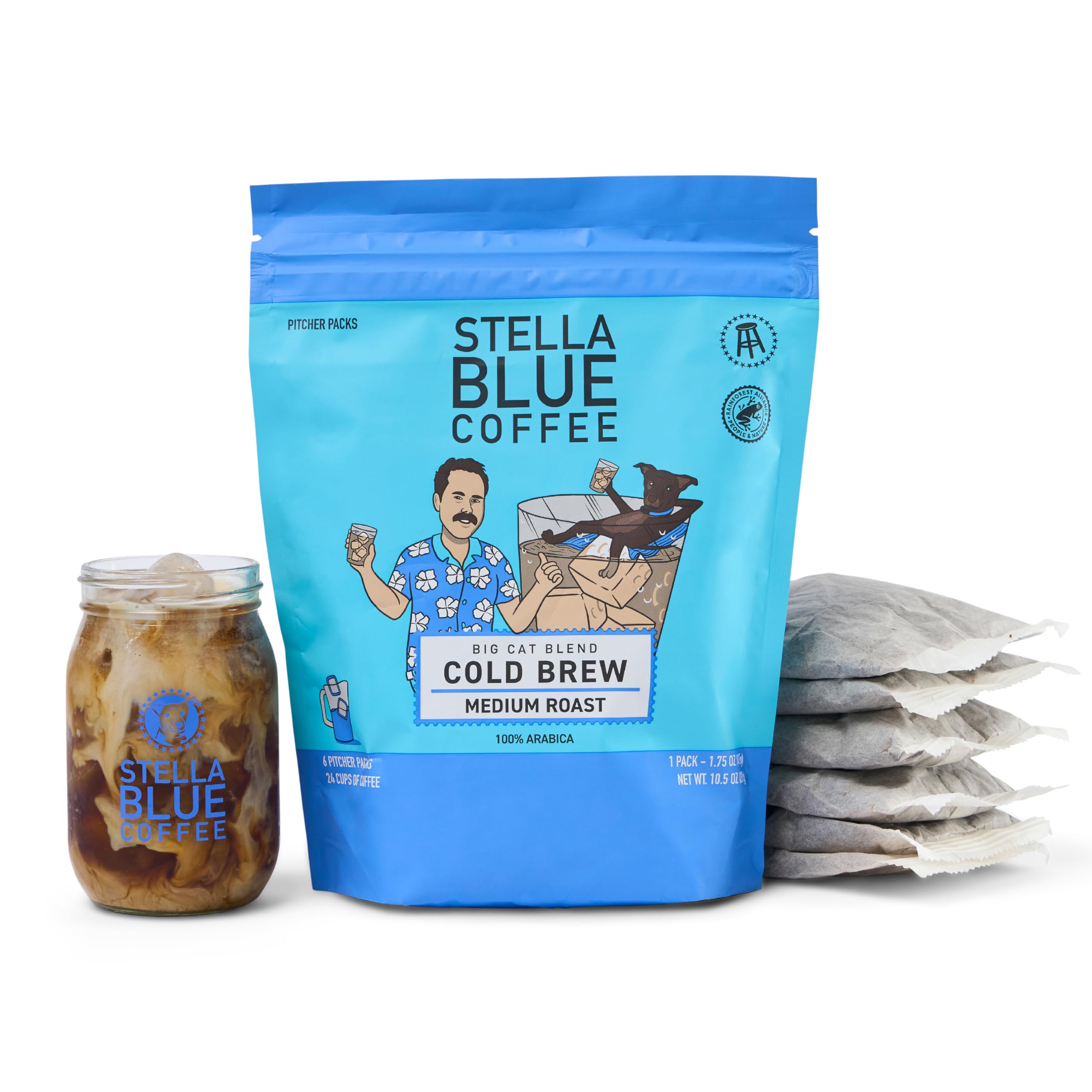 Stella Blue Big Cat Blend Cold Brew, 6 Pitcher Packs, 100% Arabica Coffee ethically & sustainably sourced from Central America