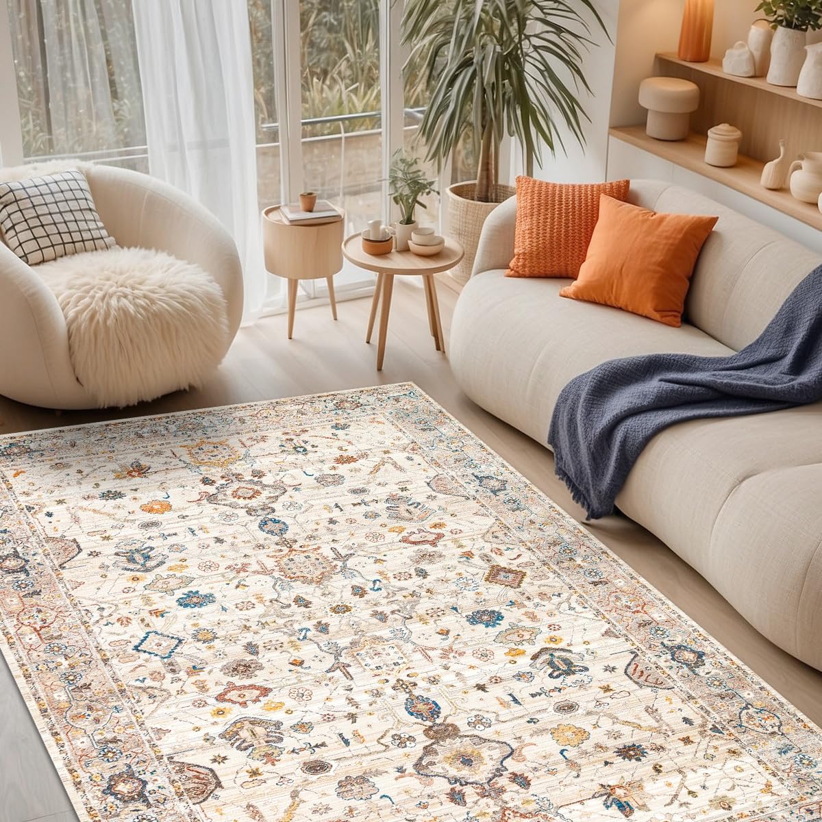 AIDA HOME Panare Teppich Beige Waschbar rutschfest Chenille Vintage Teppich 200 x 300 cm